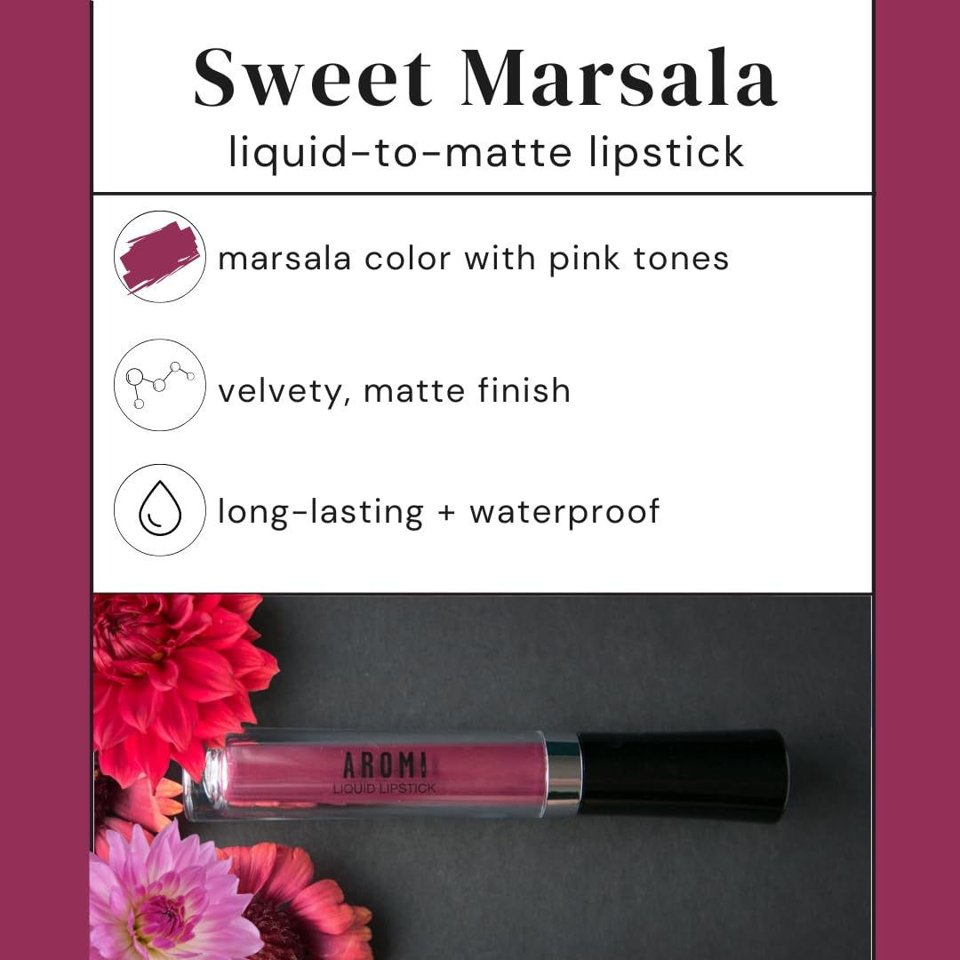 Aromi Marsala Matte Liquid Lipstick | Rosy Burgundy, Pink Maroon Lip Color, Long-lasting, Vegan, Cruelty-free, Waterproof, Handmade (Sweet Marsala)