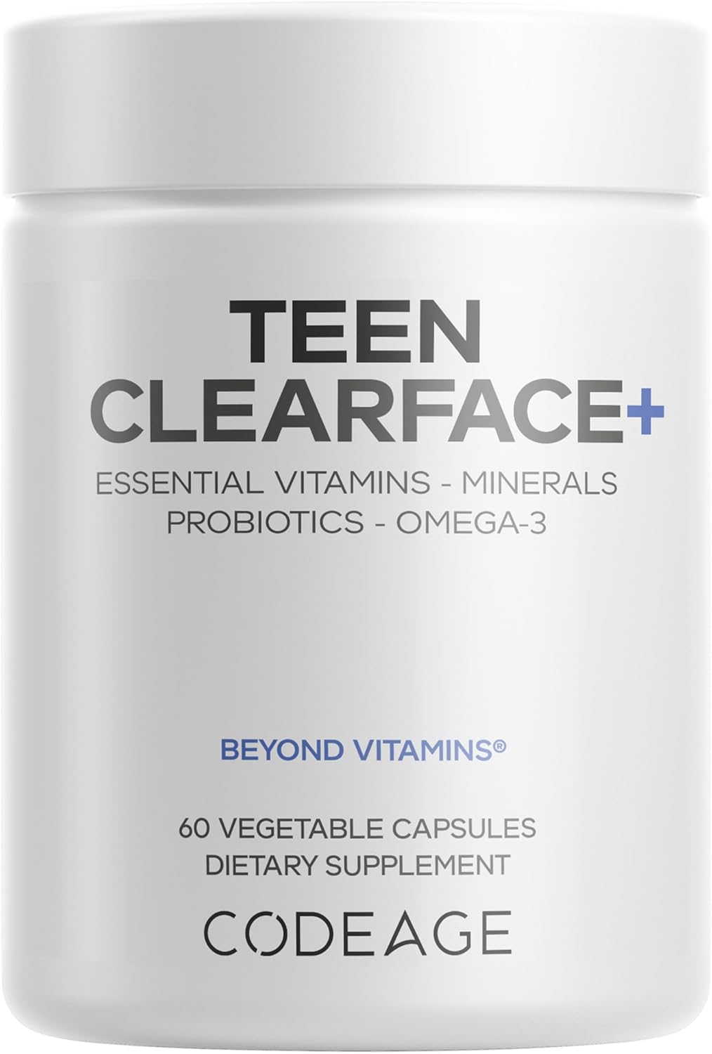 Codeage Teen Clearface Adolescent Face, Skin & Pimples, Vitamins A, C, D3, E, Pantothenic Acid, Niacin, Zinc Supplement Teenagers, Probiotics, L-Lysine, Omega-3, Oily Skin, Pores, Spots - 60 Capsules