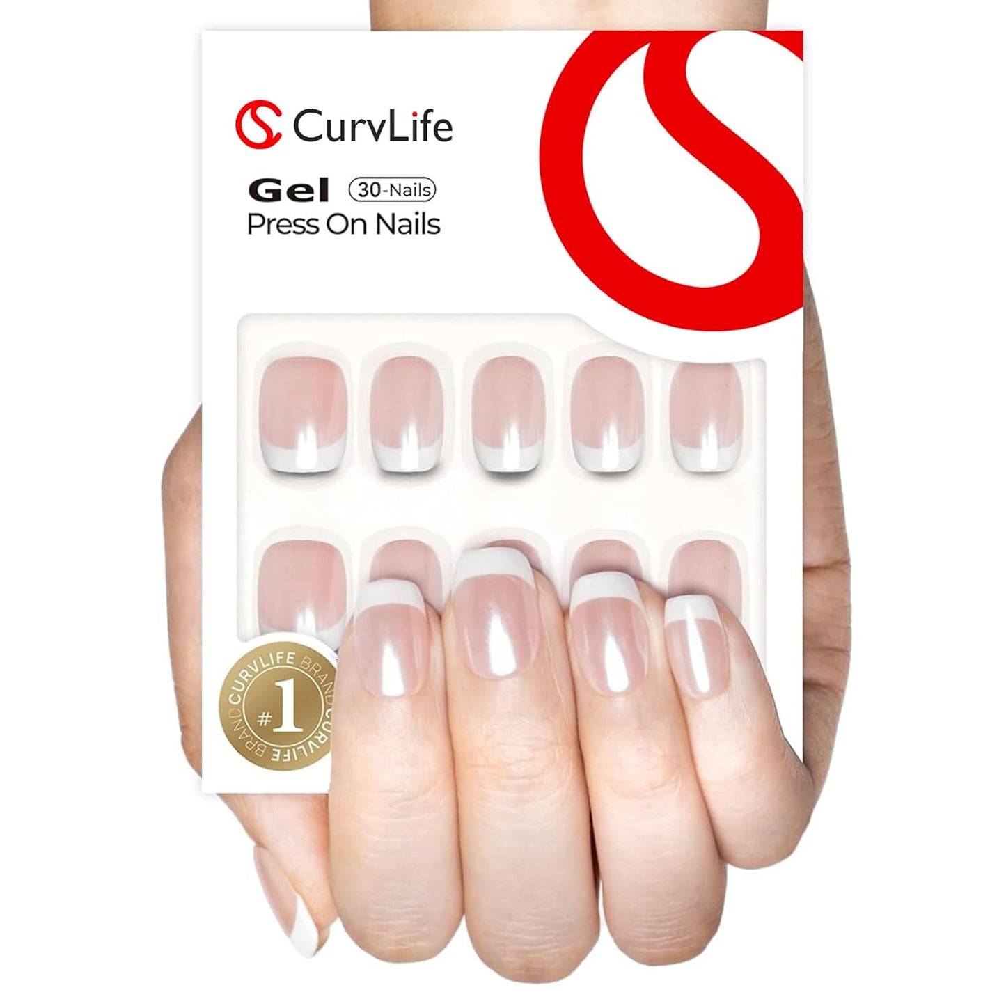 Curvlife Soft Gel Press on Nails with French Tips and Glossy Short Size Design Full Cover 15 Sizes Gel Nails, Women Reusable Nail Kit with Nail Glue Adhesive Tabs Nail File