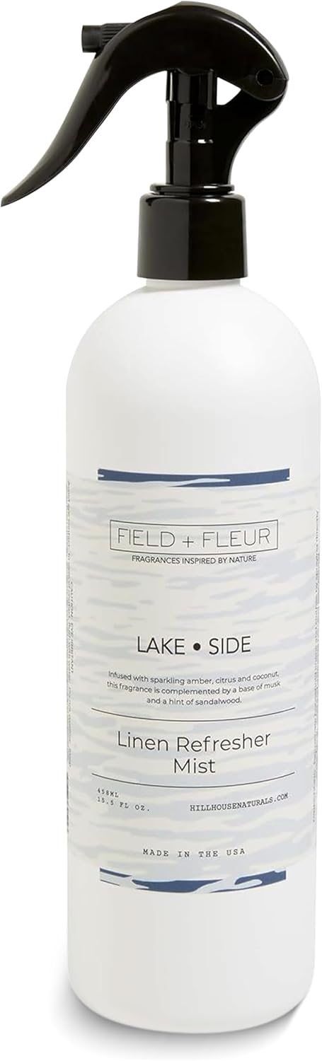 FIELD FLEUR Lake Side Linen & Room Spray 15.5 oz - Aromatic & Refreshing Bedding & Fabric Mist – Air Freshener for Clothes & Sofas - Notes of Amber, Citrus, Coconut, Musk & Sandalwood - Made in USA