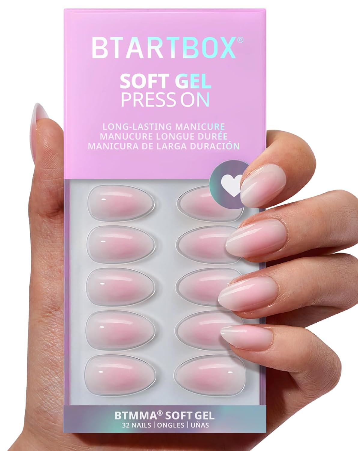 BTArtbox Press On Nails Short - Pink Ombre Almond Press On Nails with Glue for Women, Opaque Soft Gel Glue On Nails in 16 Sizes - 32 Stick On Nails Kit, Love Letter