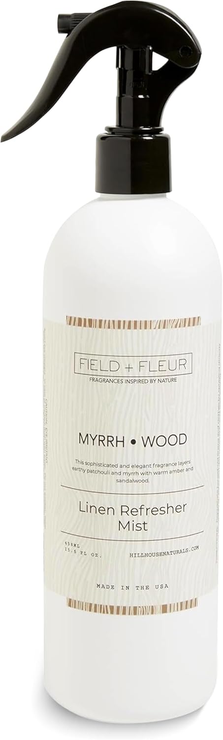 FIELD FLEUR Myrrh Wood Linen & Room Spray 15.5 oz - Aromatic & Refreshing Bedding & Fabric Mist - Air Freshener for Clothes & Sofas - Notes of Patchouli, Myrrh, Amber & Sandalwood - Made in USA