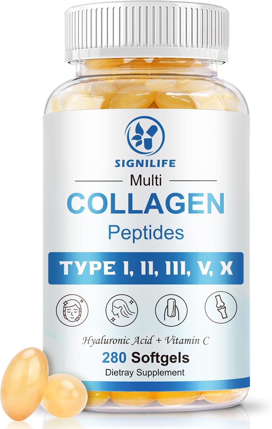 Multi Collagen Peptides for Women & Men, Hydrolyzed Collagen Peptides-Type I, II, III, V, X - with Hyaluronic Acid,Vitamin C,Biotin,Supports Skin Hair Nail, Non-GMO, 280 Softgels