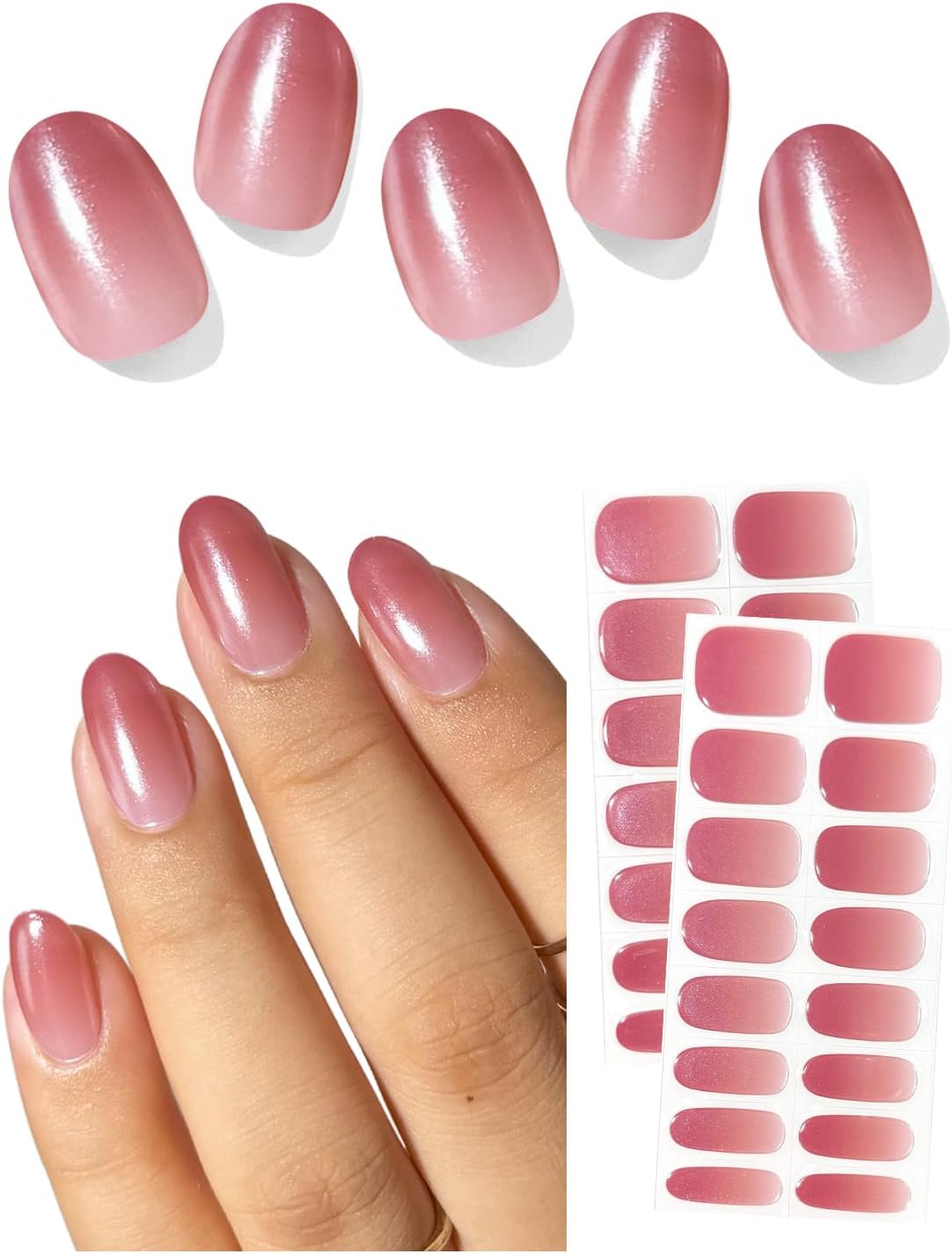 Semi Cured Gel Nail Strips (Chrome Carmine Red), Pearl Glazed, Autumn, 30 Pcs Gel Nail Wraps, Stickers, Long Lasting