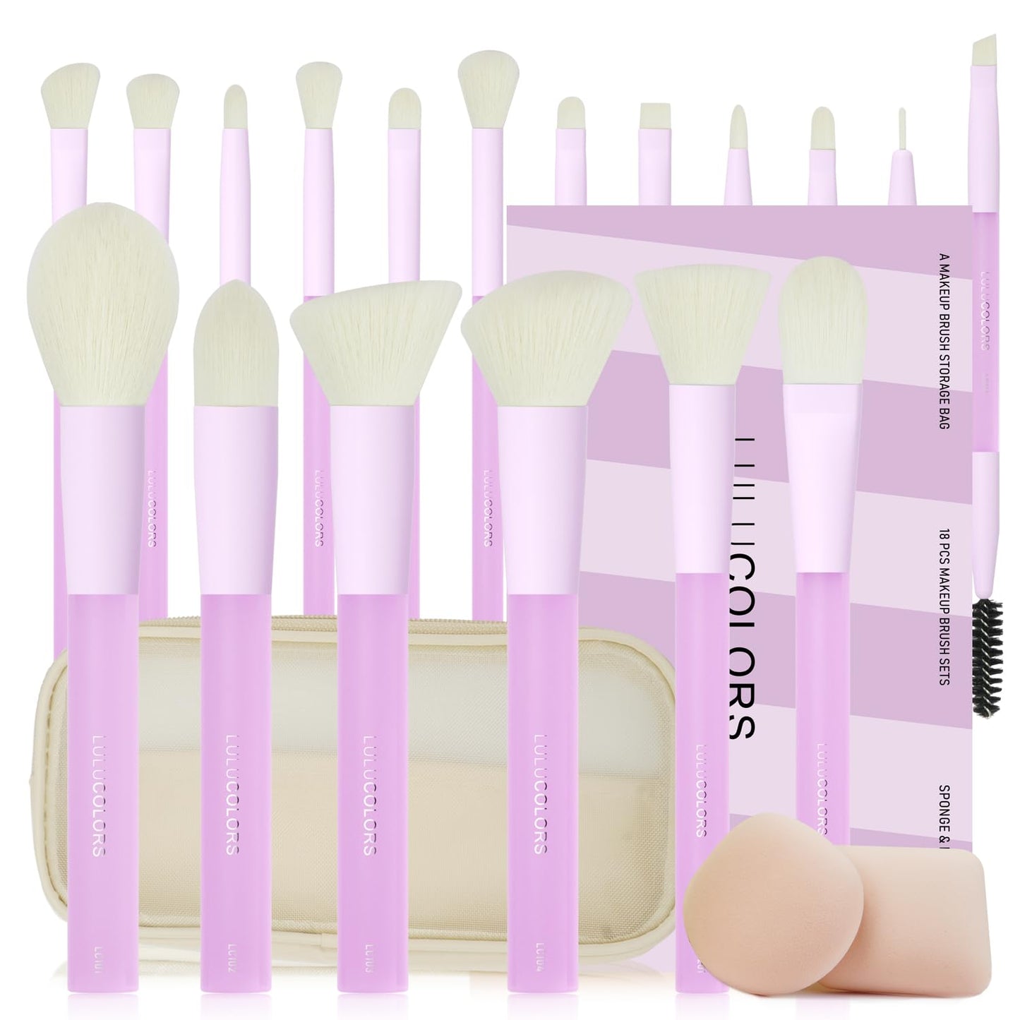 18-Piece Light Purple Professional Makeup Brush Set – Translucent Rubberized Handles, Soft Synthetic Bristles for Face & Eye Makeup–Includes Travel Bag & Sponges, Complete Brush Collection