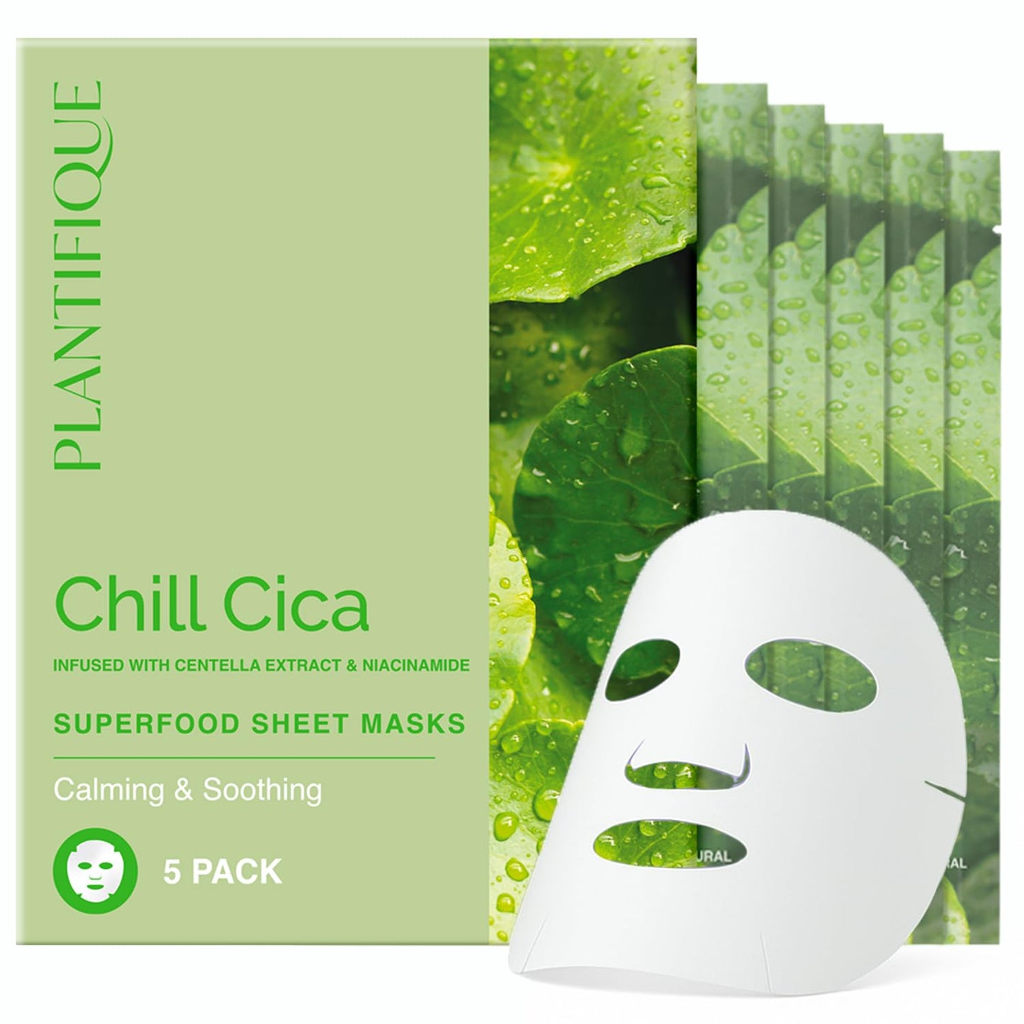 PLANTIFIQUE Facial Sheet Mask Chill Cica 5 Pack – Calming & Soothing Face Mask Sheets with Centella & Niacinamide – Korean Skincare for Skin Comfort and Even Texture