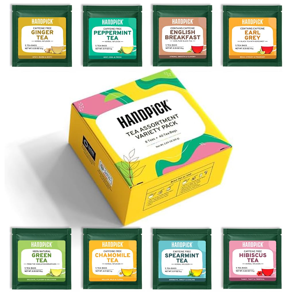 HANDPICK, Tea Bags Sampler Assortment Variety pack Gift Box 8 Flavors, 40 Tea Bags - Perfect Variety | English Breakfast, Green, Black, Herbal & More | Gifts for Him/Her