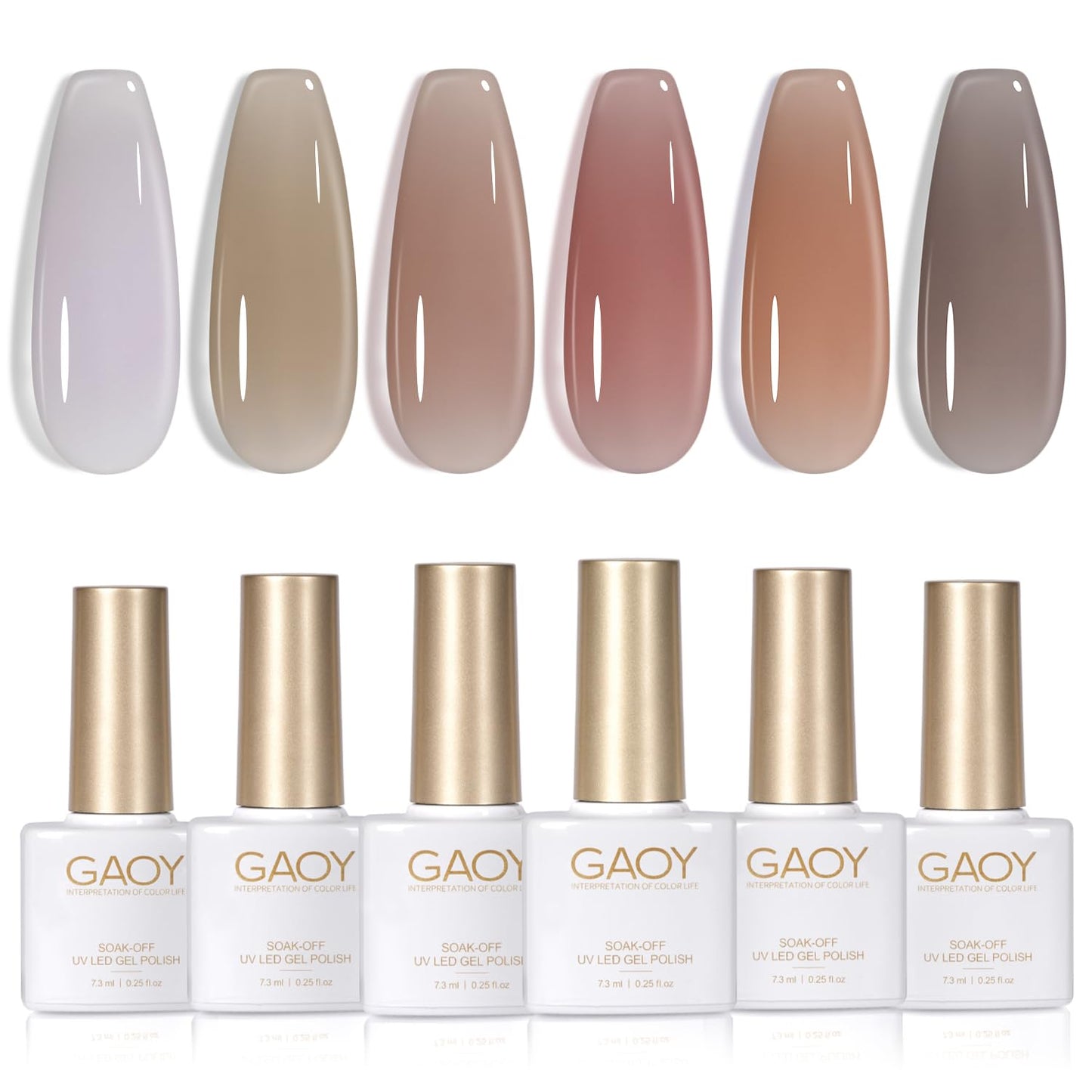 GAOY Jelly Nude Nail Polish Set, 6 Transparent Colors Sheer Brown Grey Soak Off UV Light Cure Gel Polish Kit for Salon and Nail Art DIY at Home