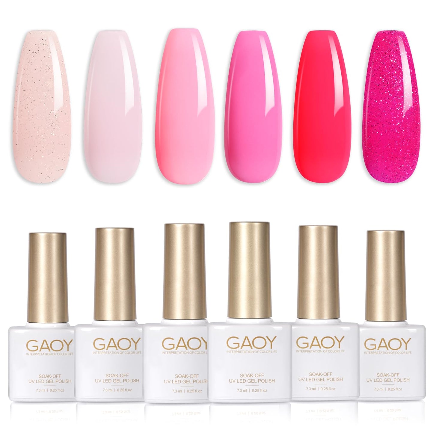 GAOY Pink Glitter Gel Nail Polish Set, 6 Colors Nude Neon Sparkle Soak Off UV Light Cure Gel Polish Kit for Salon and Nail Art DIY at Home