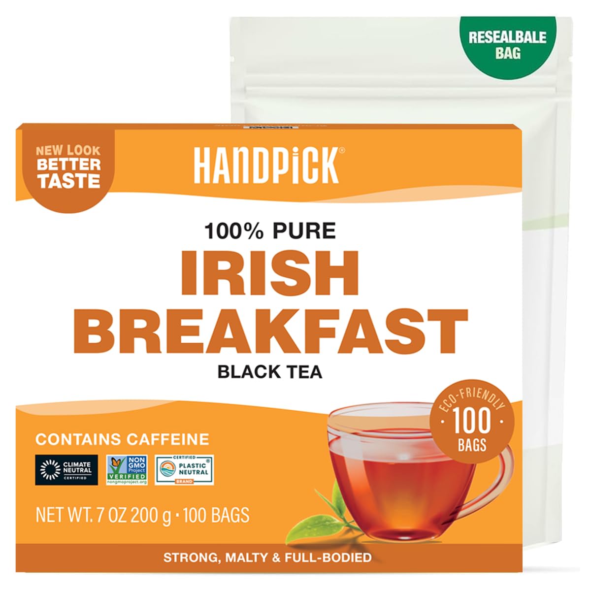 HANDPICK, Irish Breakfast Black Tea Bags (100 Count) Gluten-Free, Non-GMO | Strong, Robust & Bold Flavor | Round Eco-Conscious Tea Bags