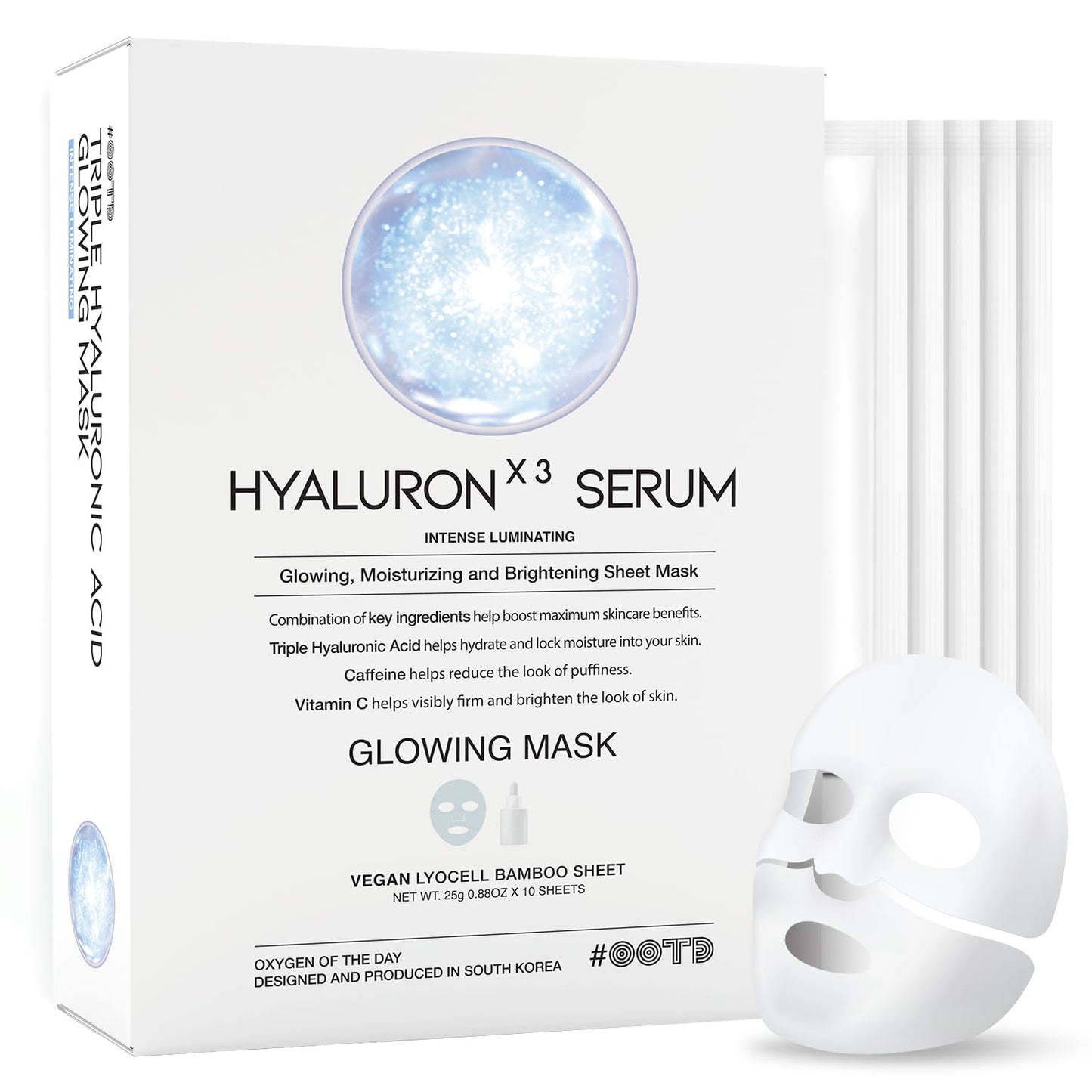 #OOTD Triple Hyaluron Hydrating Mask for Dry and Sensitive Skin, Anti Aging, Tightening and Moisturizing, Korean Vegan Beauty, Hyaluronic Acid, Caffeine, Vitamin C 10EA