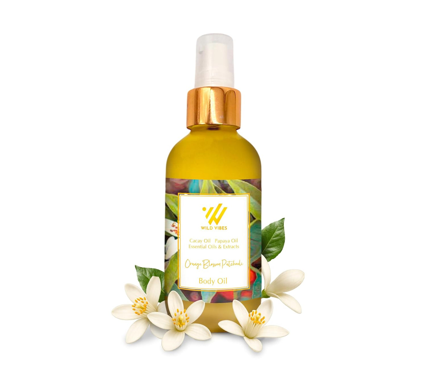Wild Vibes Orange Blossom Patchouli Organic Luxury Body Oil with Tropical Oils & Lupin Extract – Fast Absorbing Oil for Skin with Floral Scent – After Shower Care for Women 4 oz