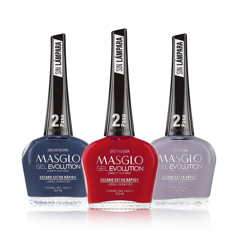 MASGLO Gel Evolution – Set of 3 Nail Polishes No UV/LED Lamp Needed, Fast-Drying, 12-Day Wear, 14-Free Formula, High-Gloss Finish, vegan (0.5 oz Each)