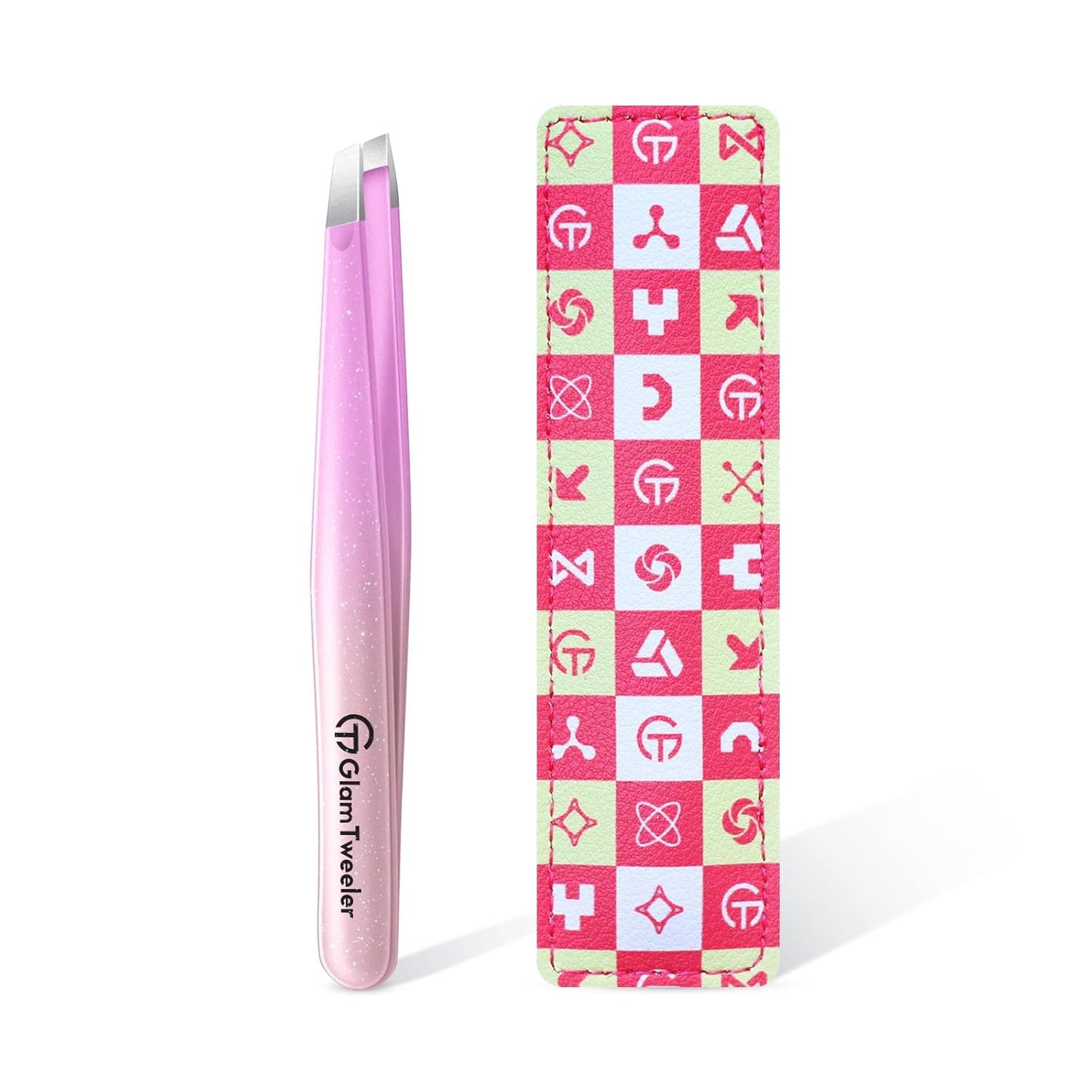 Expert Slant Tip Tweezers with Leather Travel Case, GlamTweeler Sharp & Precision Stainless Steel Tweezer for Eyebrows, Facial Hair and Fine Hairs Removal (Sparkle Violet & Peach)