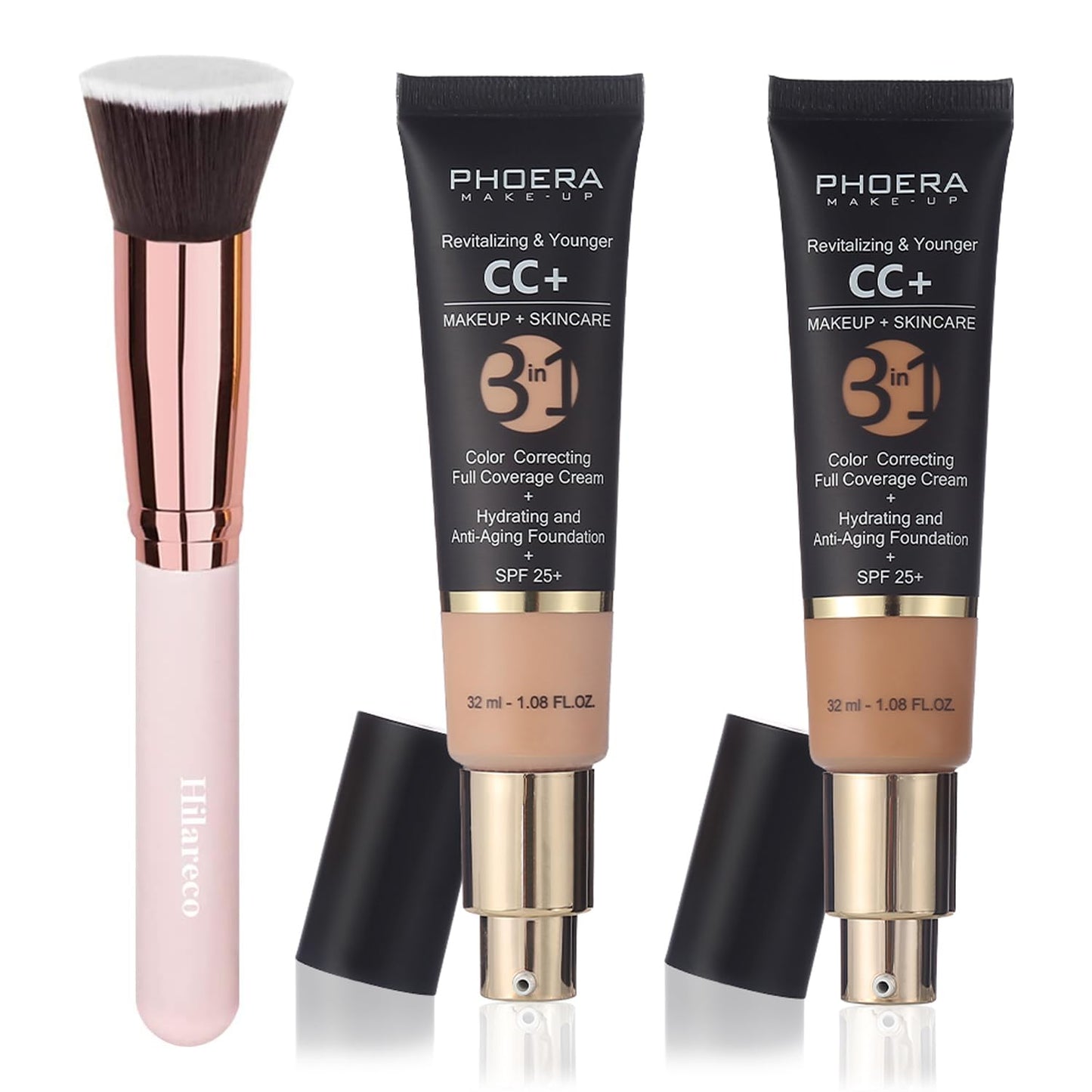PHOERA CC Cream Foundation With SPF,PHOERA Full Coverage Foundation Color Correcting Cream,Anti Aging Hydrating Serum & SPF 25+ Sunscreen Natural Finish1.08 floz (120 Nude+140 Buff Beige)