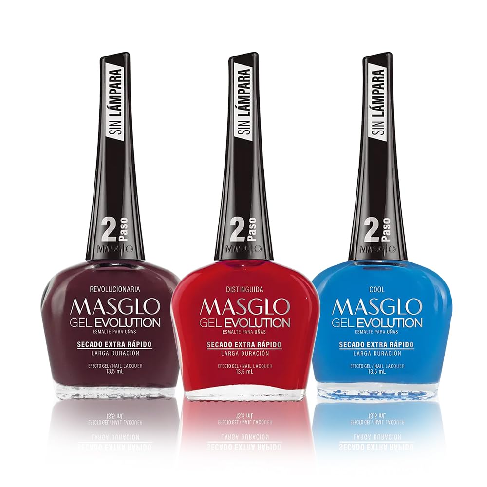MASGLO Gel Evolution – Set of 3 Nail Polishes No UV/LED Lamp Needed, Fast-Drying, 12-Day Wear, 14-Free Formula, High-Gloss Finish, vegan (0.5 oz Each)