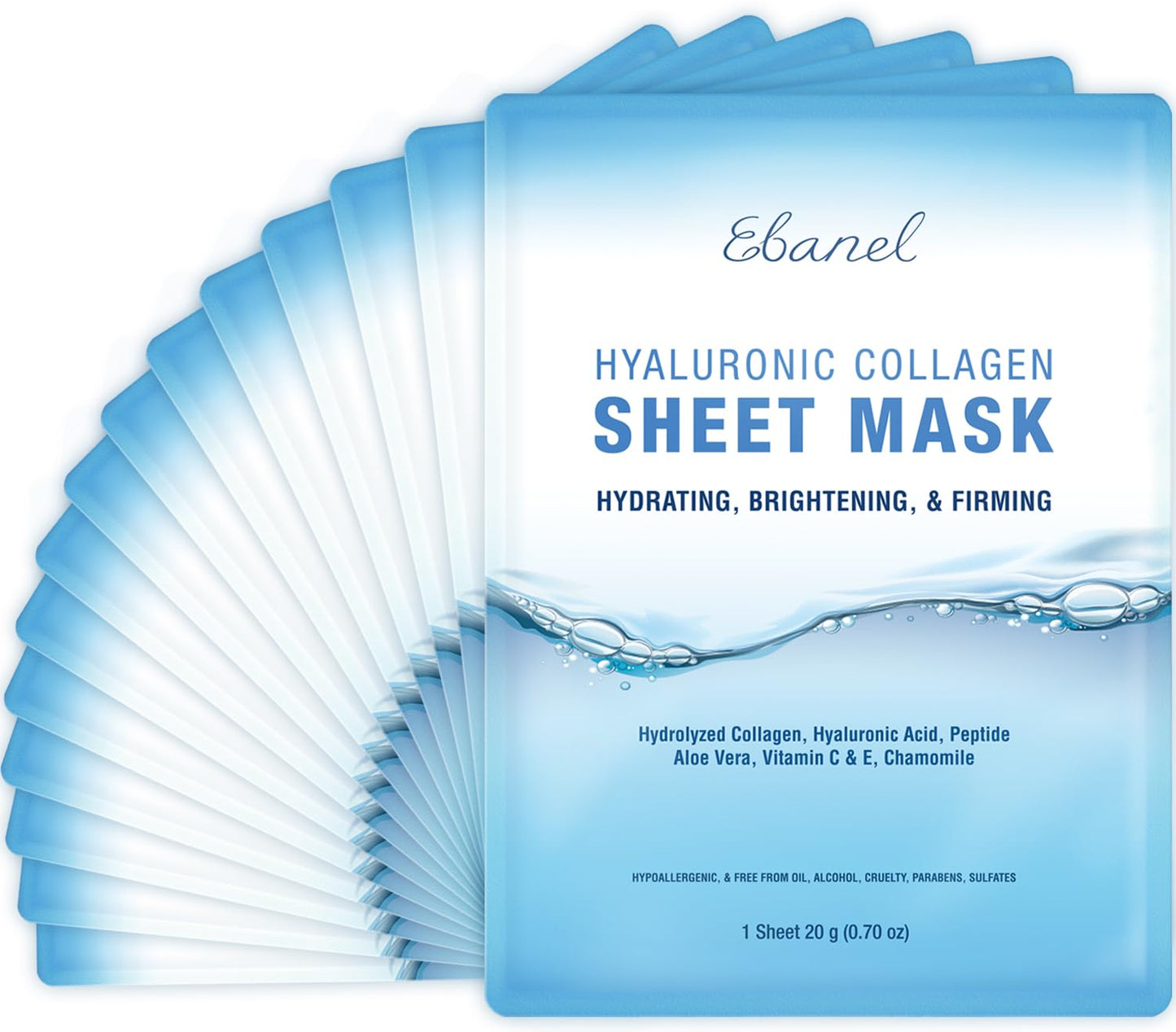 Ebanel 15 Pack Collagen Face Mask with Hyaluronic Acid, Vitamin C, Peptide, Aloe, Instant Brightening Hydrating Face Masks Skincare Korean Sheet Mask, Skin Firming, Lifting Anti Aging Facial Masks