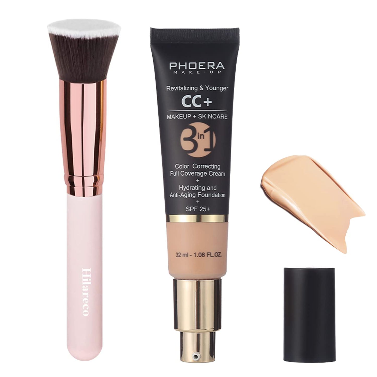 PHOERA CC+ Cream,Full Coverage Foundation,Color Correcting Cream,Anti Aging Hydrating Serum & SPF 25+ Sunscreen - Natural Finish - 1.08 fl oz (120 Nude)