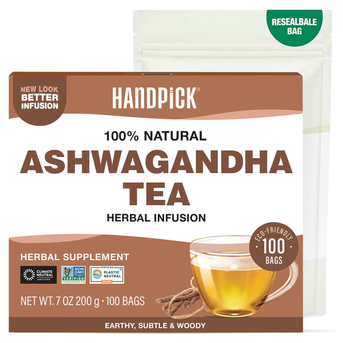 HANDPICK, Ashwagandha Root Tea (100 tea Bags) - Herbal Supplement - For Health & Wellbeing | Caffeine Free, Gluten Free | Packed in Ecofriendly Tea Bags