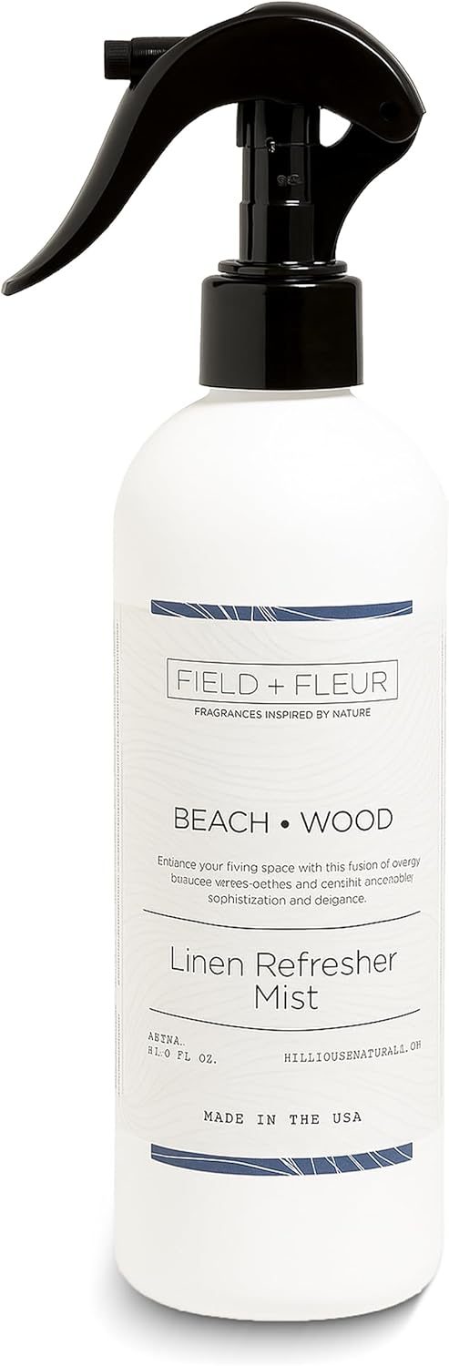FIELD FLEUR Beachwood Linen & Room Spray 15.5 oz - Aromatic & Refreshing Bedding & Fabric Mist - Air Freshener for Clothes & Sofas - Notes of Peach, Orange Blossom, Moss & Sandalwood -Made in USA