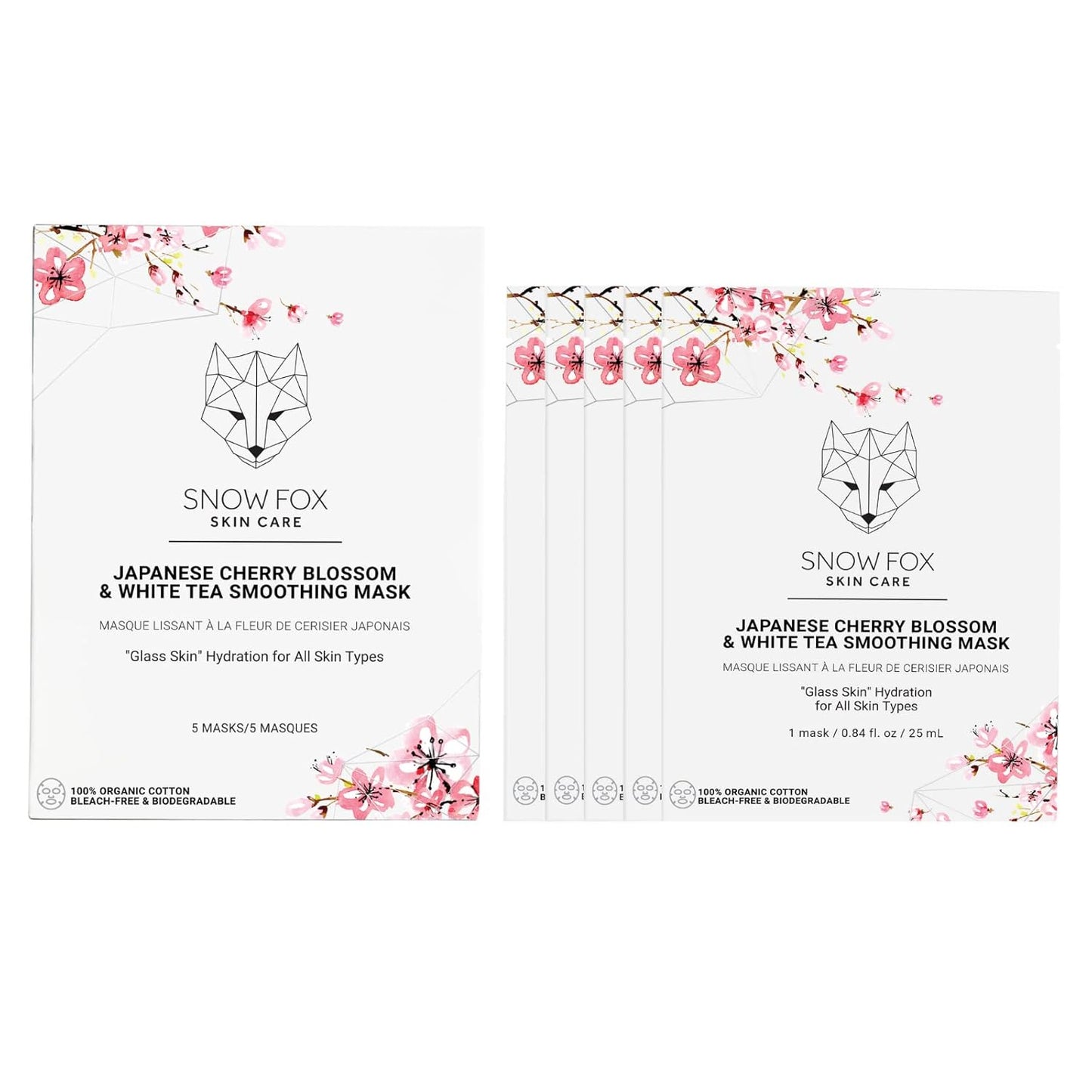 Snow Fox Japanese Cherry Blossom & White Tea Smoothing Sheet Mask – Hydrating Face Mask for Glass Skin Glow & Bridal Makeup Prep – Moisturizing Facial Skin Care for all Types – 5 Pack