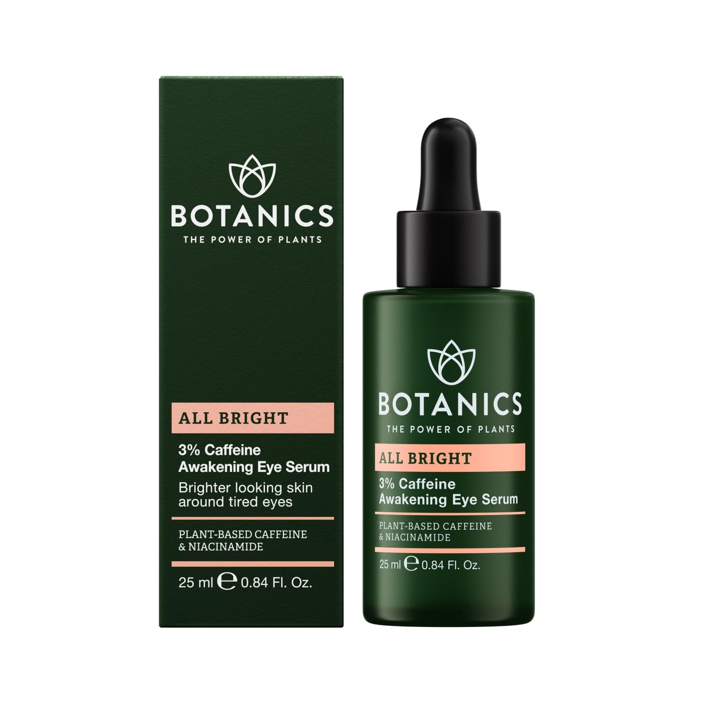Botanics All Bright Caffeine Eye Serum - 3% Caffeine Awakening Under Eye Serum for Dark Circles and Puffiness - Refresh & Brighten Tired Eyes - Vegan & Cruelty Free (0.84 Fl Oz)