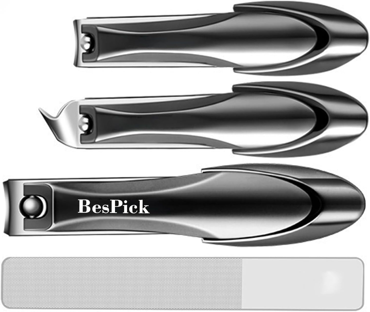 4 Pieces biomimetic Sharp Stainless Steel Anti-Splash Nail Clippers Set with Metal Sliding Catcher and Nano Glass Nail File (Large Flat, Small Flat, Small Bevel and Glass File) (Black)