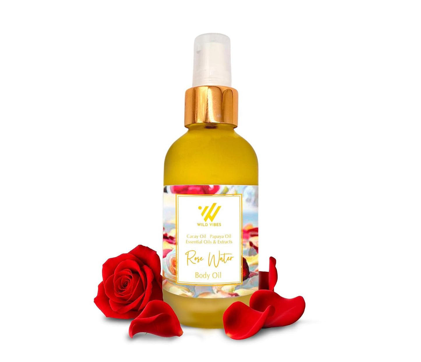 Wild Vibes ROSE WATER Organic Luxury Body Oil with Tropical Oils & Lupin Extract – Fast Absorbing Oil for Skin with Floral Scent – After Shower Care for Women – 4 oz