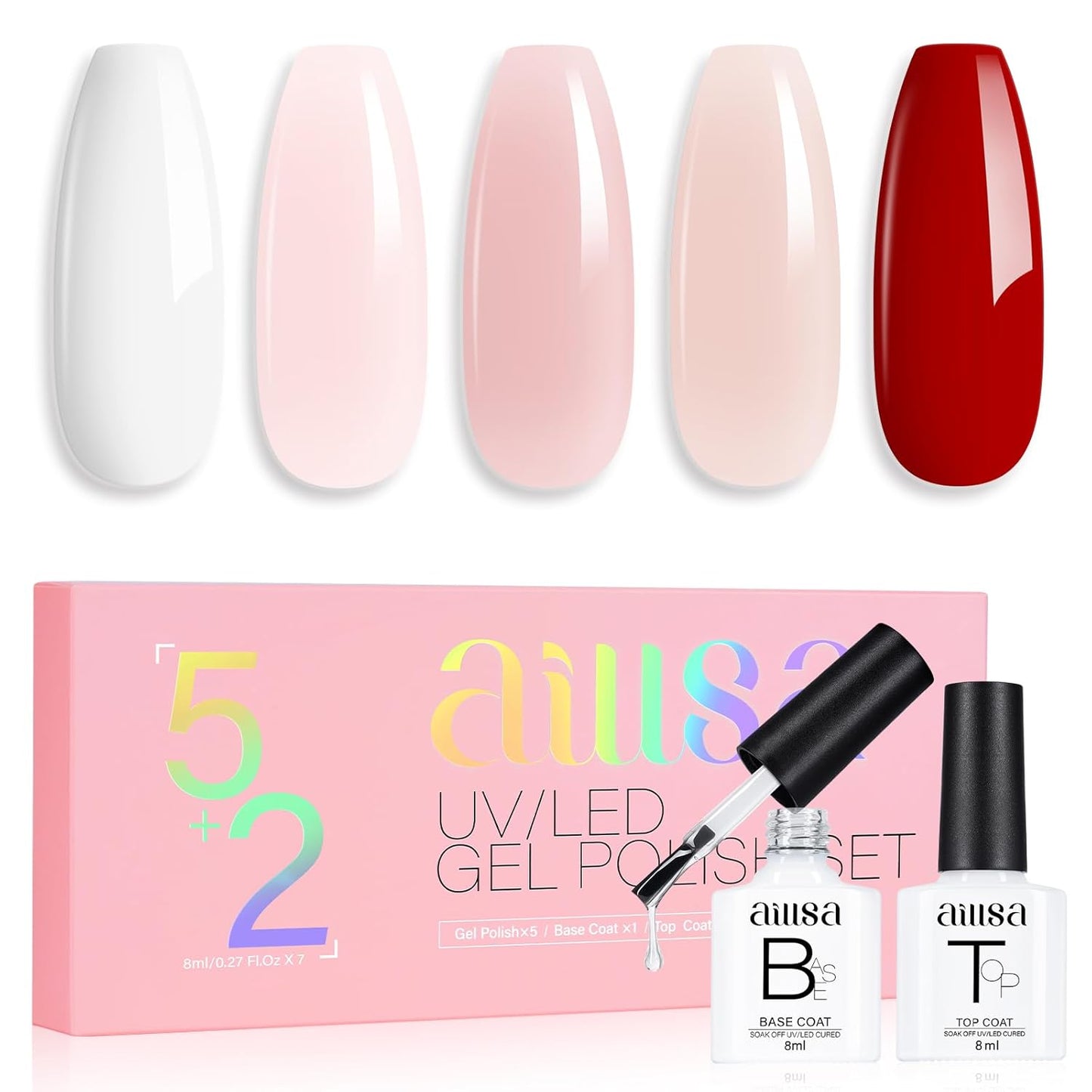AILLSA Nude Pink Gel Nail Polish Set - White, Red, Milky Neutral Translucent Gel Polish with Base and Top Coat - 5+2 Kit - Bright Wedding Color - Jelly Soak Off U V Manicure Salon DIY at Home