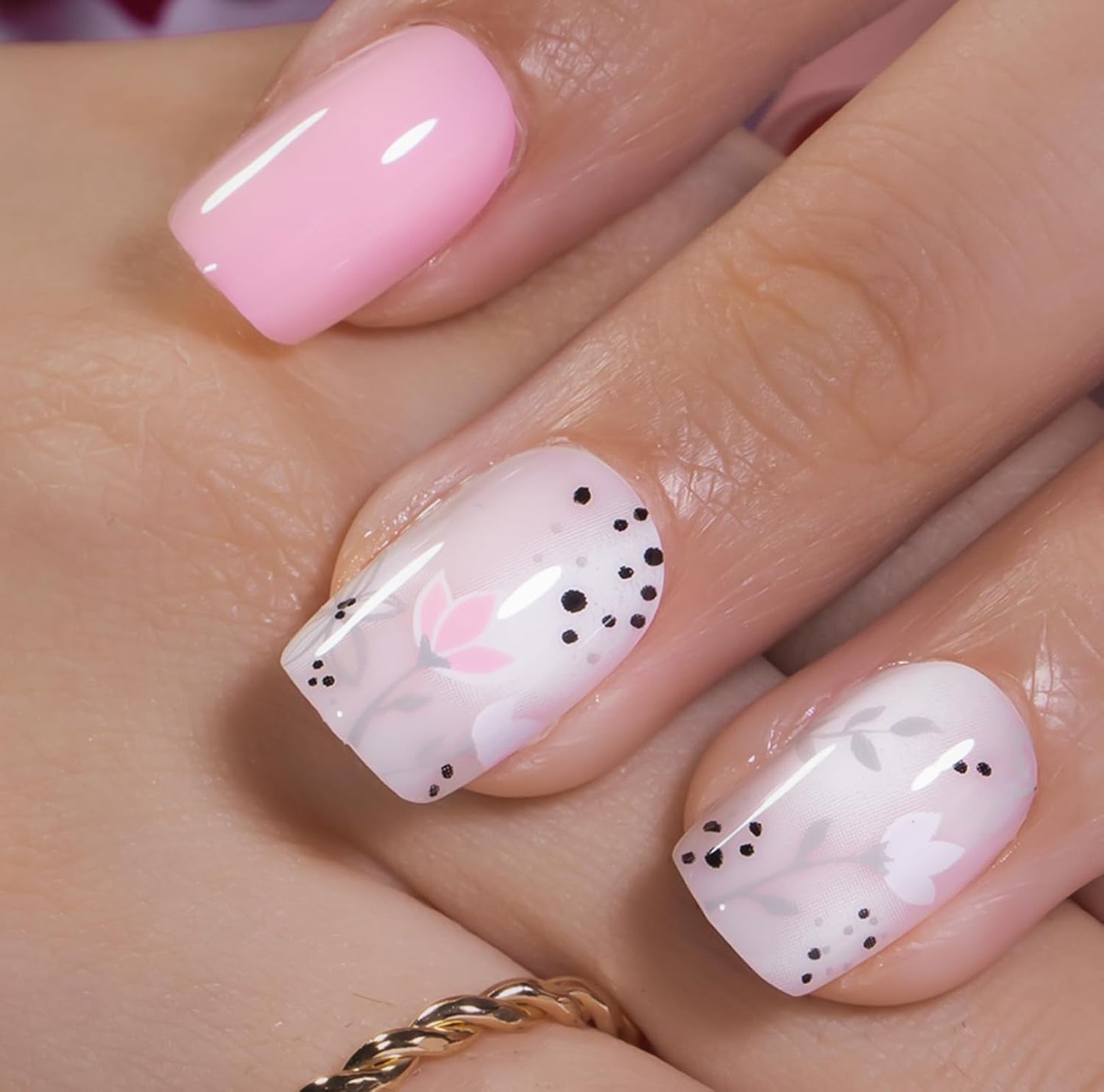 Curvlife Press On Nails Kit - Flower Style Short Square Full Cover False Nail Tips with Trendy Designs, Reusable & Glue Included - Easy Application Nail Accessories for Women