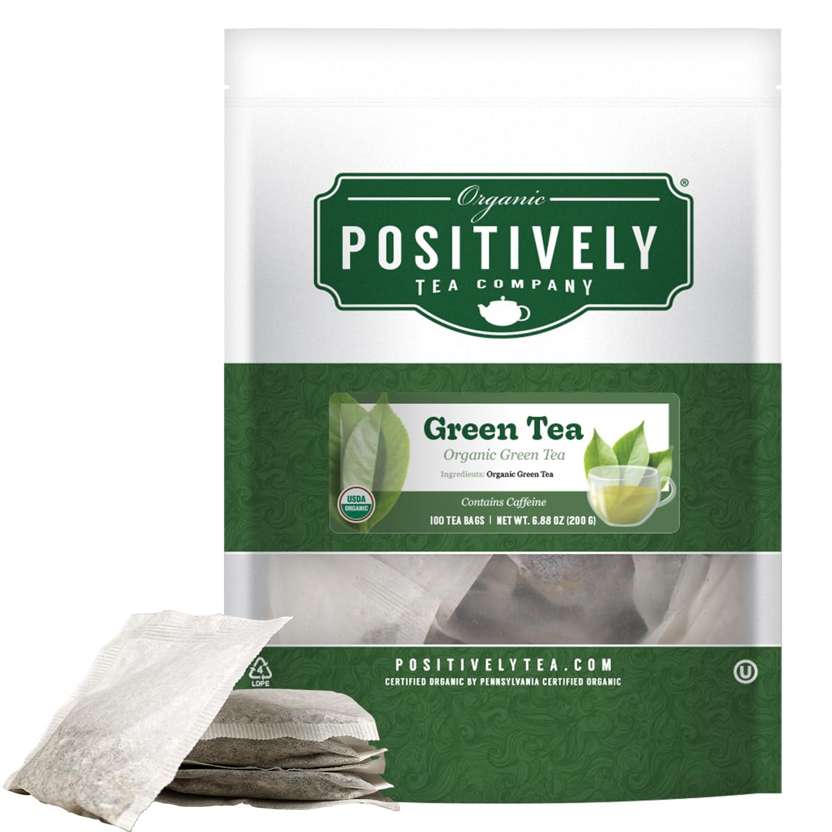 Organic Positively Tea Company, Green Tea Bags, 100 Count, Eco-Friendly Tea Bags, Non-GMO