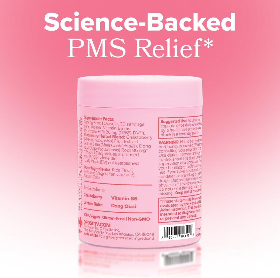 O Positiv FLO PMS Vitamins for Women, 30 Servings (Pack of 3) - Proactive PMS Relief - Targets Hormonal Breakouts, Bloating, Cramps, & Mood Swings with Chasteberry, Vitamin B6, & Lemon Balm