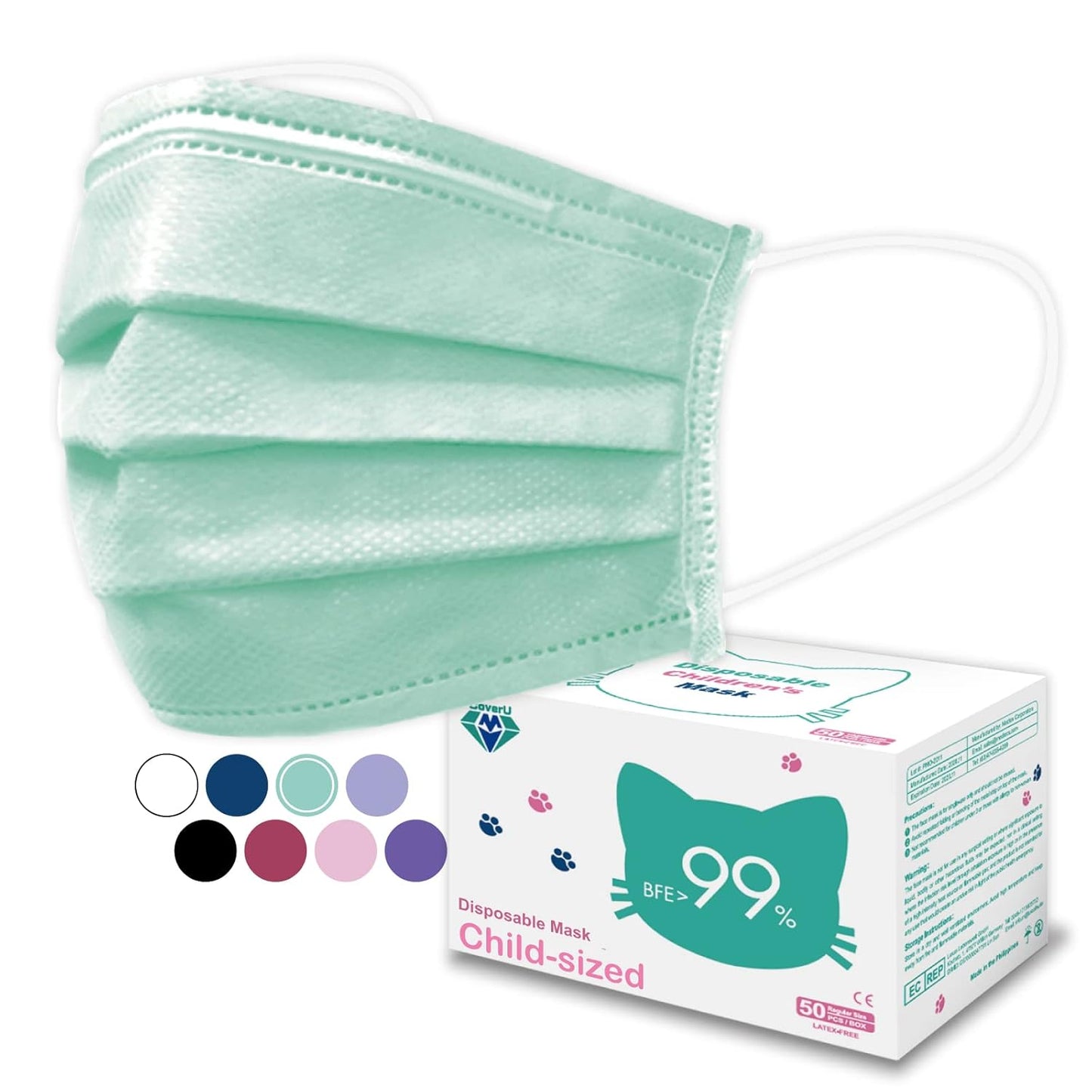 Medtecs Kids Face Mask Disposable - 2 Sizes Option (Child/Youth) 50 PCs - Comfy 3-Ply Breathable Children Masks, The Better & Safer Choice - Child | Green