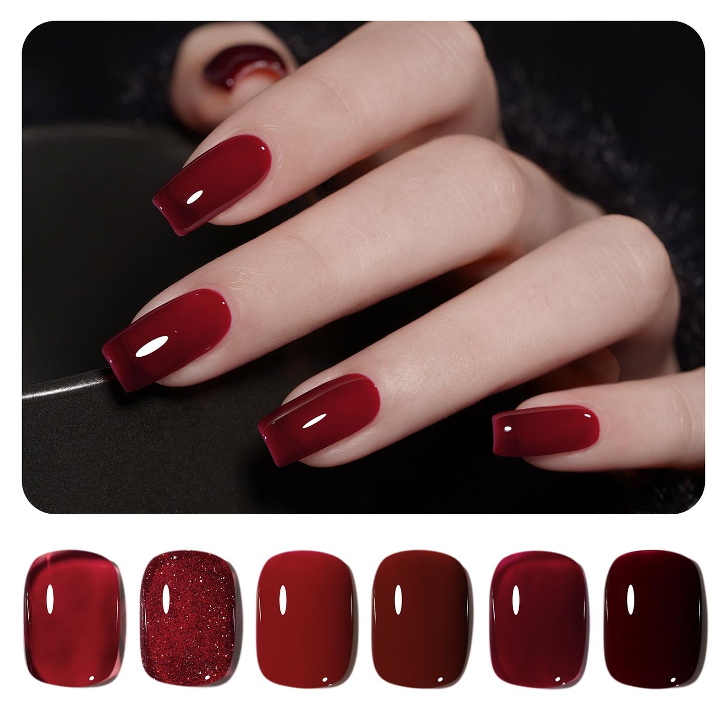 GAOY Red Gel Nail Polish Set, 6 Colors Burgundy Cherry Dark Red Jelly Glitter Soak Off UV Light Cure Gel Polish Kit for Salon and Nail Art DIY at Home