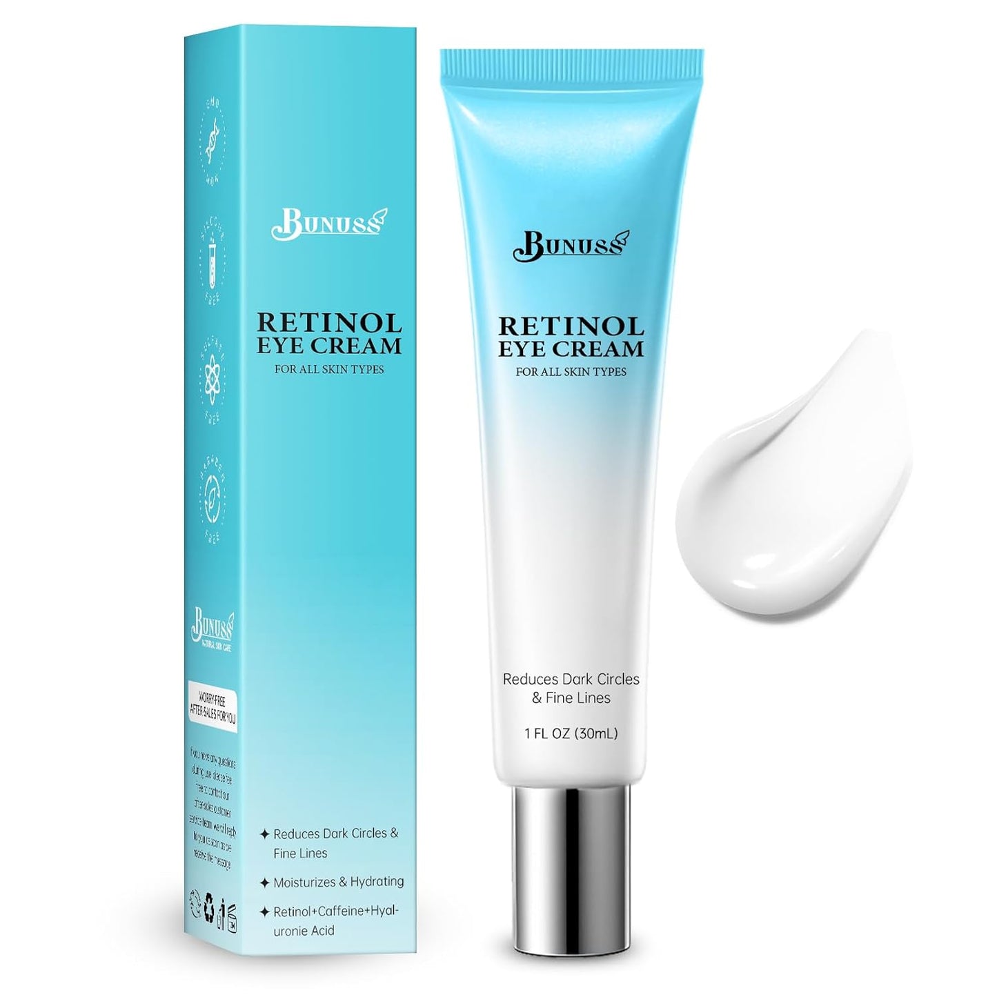 Retinol Eye Cream - Eye Cream for Dark Circles, Puffiness, Anti Aging, with Hyaluronic Acid, Peptides, Caffeine, Reduces Bags, Smooths Wrinkles & Fine Lines, Dark Circles Under Eye Treatment, 1 fl oz