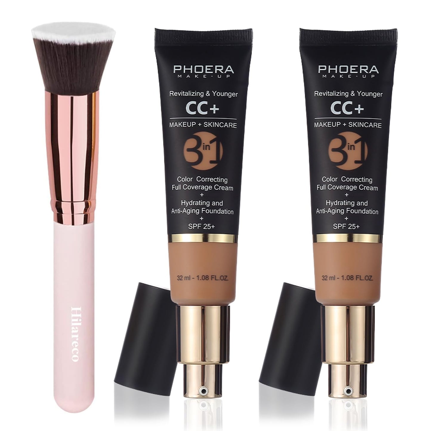 PHOERA CC Cream Foundation With SPF,PHOERA Full Coverage Foundation Color Correcting Cream,Anti Aging Hydrating Serum & SPF 25+ Sunscreen Natural Finish1.08 floz(2PCS 160 Sand)