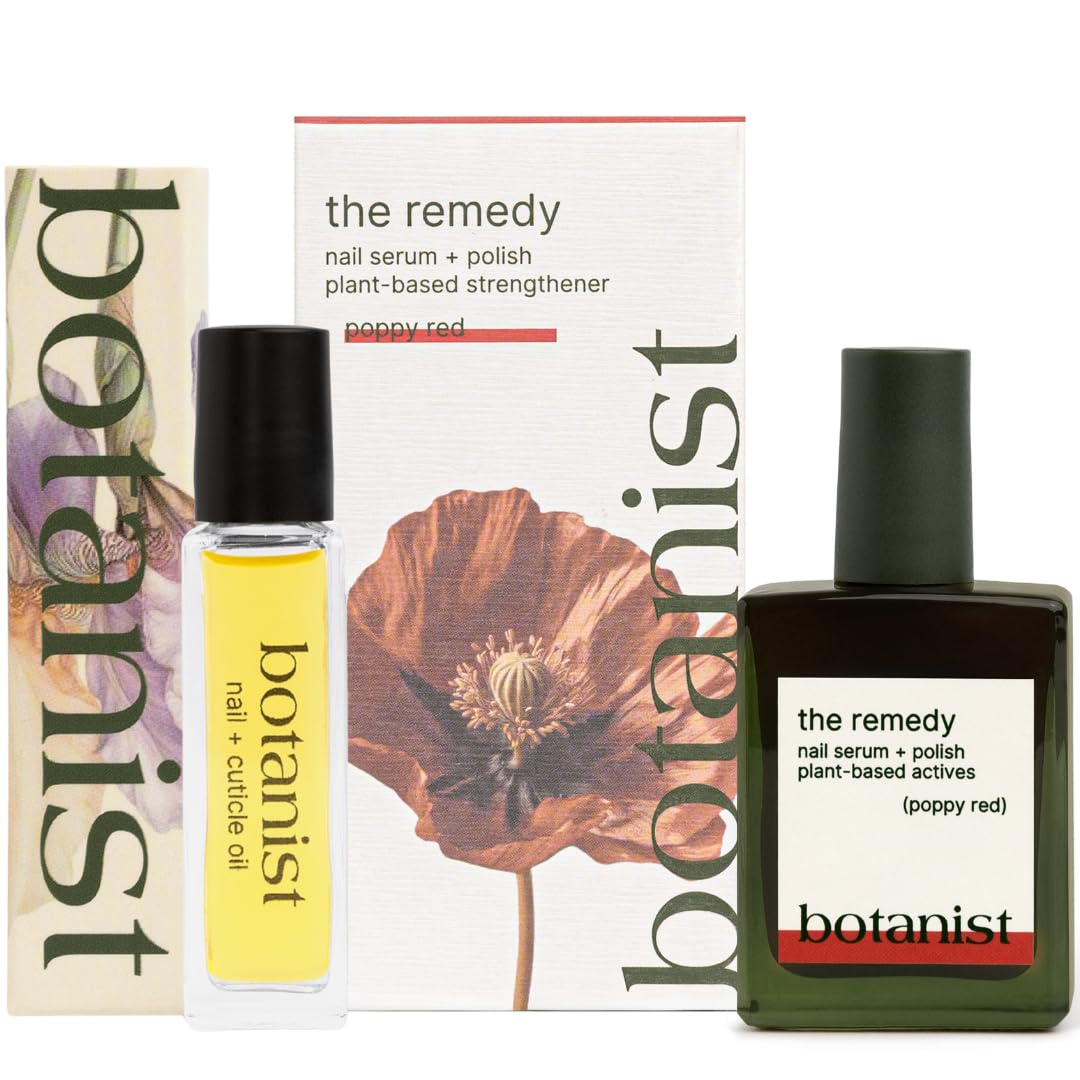 Botanist Nail Rescue Kit | Nail Strengthening Polish + Growth Serum | Grow and Strengthen Nails Damaged from Acrylics, Dip, and Gel Manicures | Non-Toxic, 84% Plant Based, 21-Free & Vegan (Poppy Red)