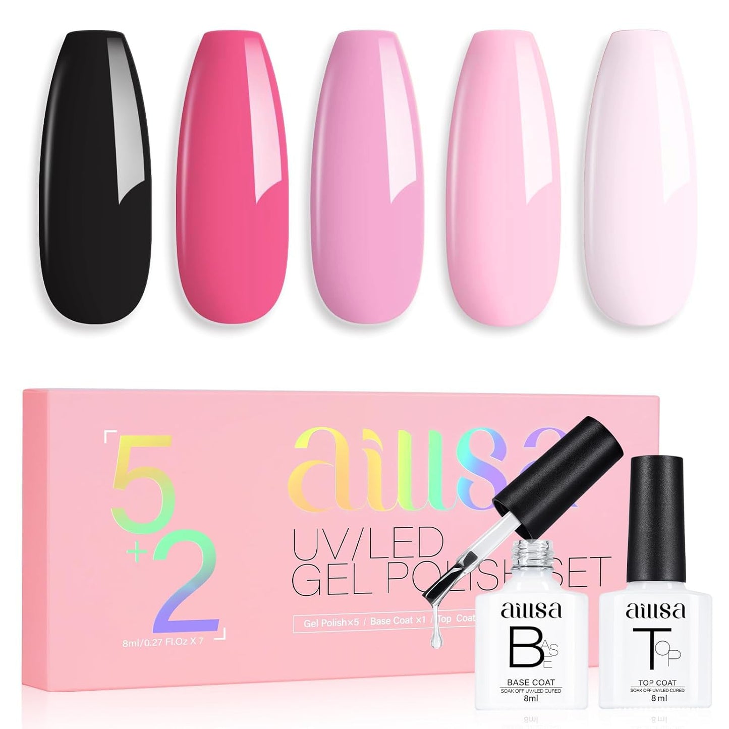 AILLSA Pink Gel Nail Polish Set Black Hot Pink Gel Polish with Base and Top Coat, Long Lasting Summer All Season Color Soak Off U V L ED Manicure Art Salon DIY at Home 7Pcs 8ML
