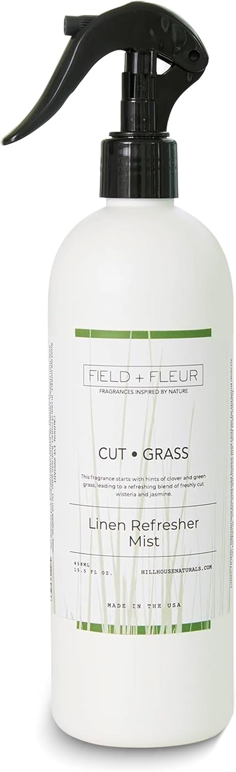 FIELD FLEUR Cut Grass Linen & Room Spray 15.5 oz - Aromatic & Refreshing Bedding & Fabric Mist - Air Freshener for Clothes & Sofas - Notes of Clover, Green Grass, Wisteria & Jasmine - Made in USA