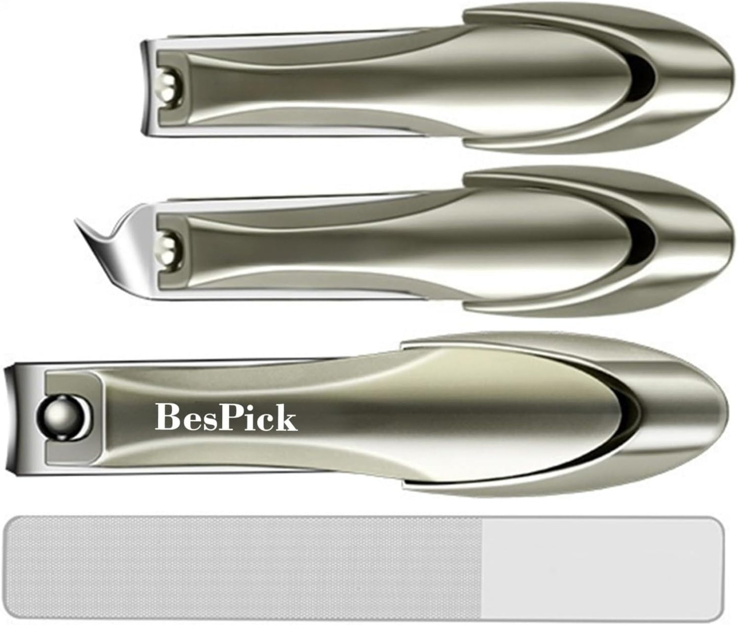 4 Pieces biomimetic Sharp Stainless Steel Anti-Splash Nail Clippers Set with Metal Sliding Catcher and Nano Glass Nail File (Large Flat, Small Flat, Small Bevel and Glass File) (Champagne)