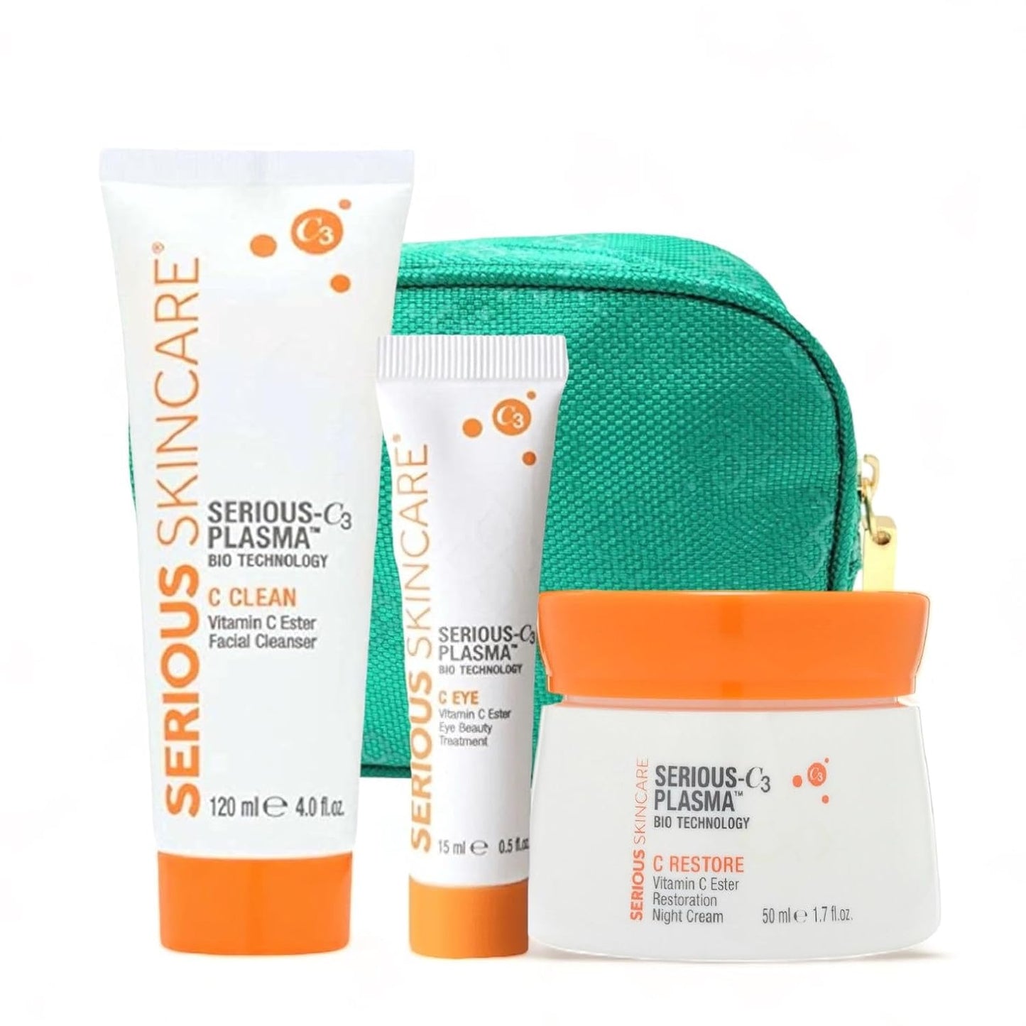 Vitamin C & Collagen Skin Care Set - Reduce Wrinkles, Brightening - C-Restore Night Cream Moisturizer for Face, Eye Treatment Gel & C Clean Face Cleanser - Deep Hydration - Serious Skincare C3