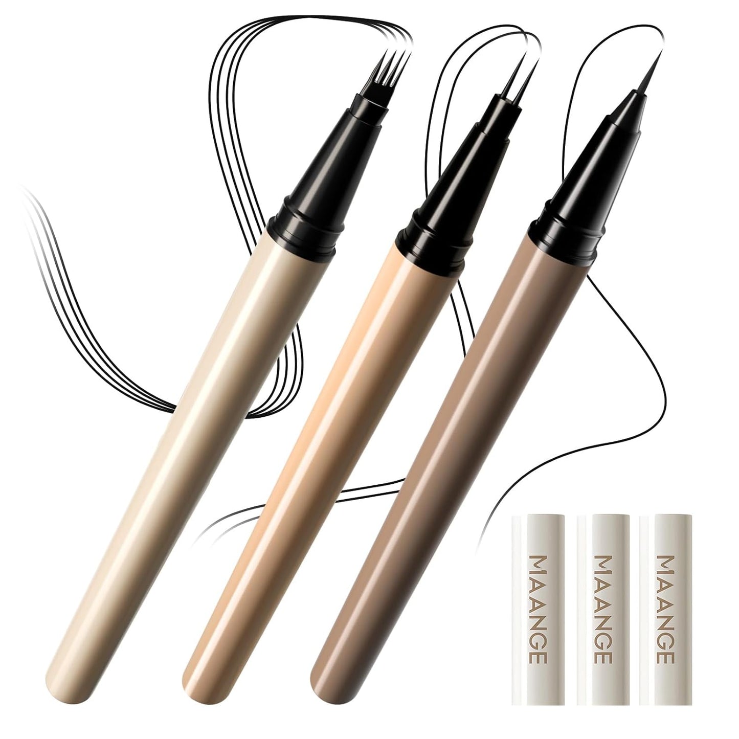MAANGE Eyeliner with 2 Liquid Brow Set, Ultra-fine Waterproof Black Eyeliner Pencil, with 2-Fork-Tip and 4-Fork-Tip Liquid Brow Pencil, Long-lasting, Smudge-Proof, Creates Natural Tint,Black