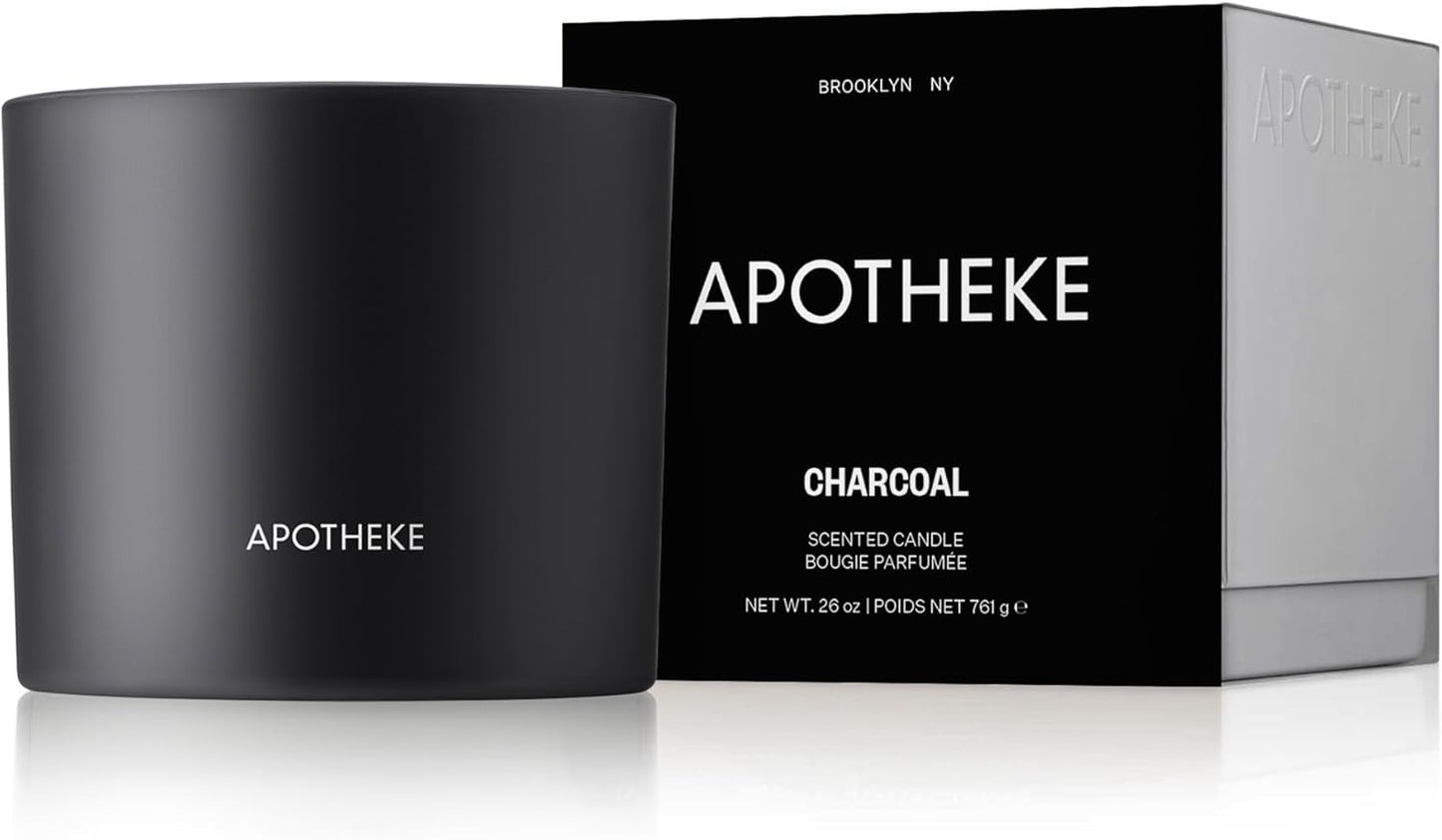 Apotheke 3-Wick Scented Candles for Home, Charcoal - 26 oz Soy Wax Jar Candle Gift for Women - Long-Lasting Fragrance with Perfume-Grade Essential Oils - Cedarwood, Sandalwood, Oud & Amber