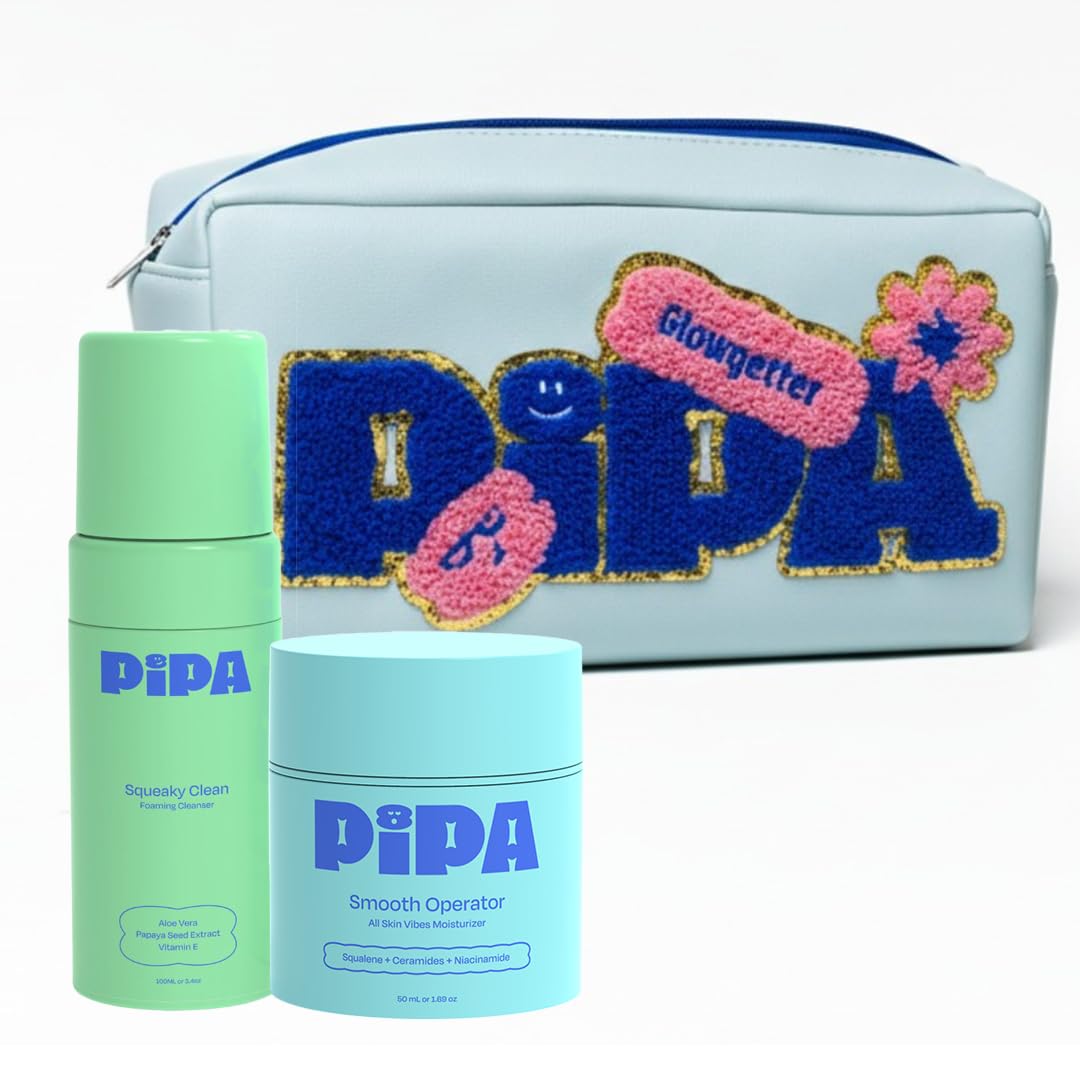 Pipa Skincare Daily Glow Bundle for Kids & Tweens – Smooth Operator Moisturizer, Squeaky Clean Cleanser & Cute Pouch for Gentle, Hydrating, and Effective Daily Skincare - Kids Skin Care Gift Set