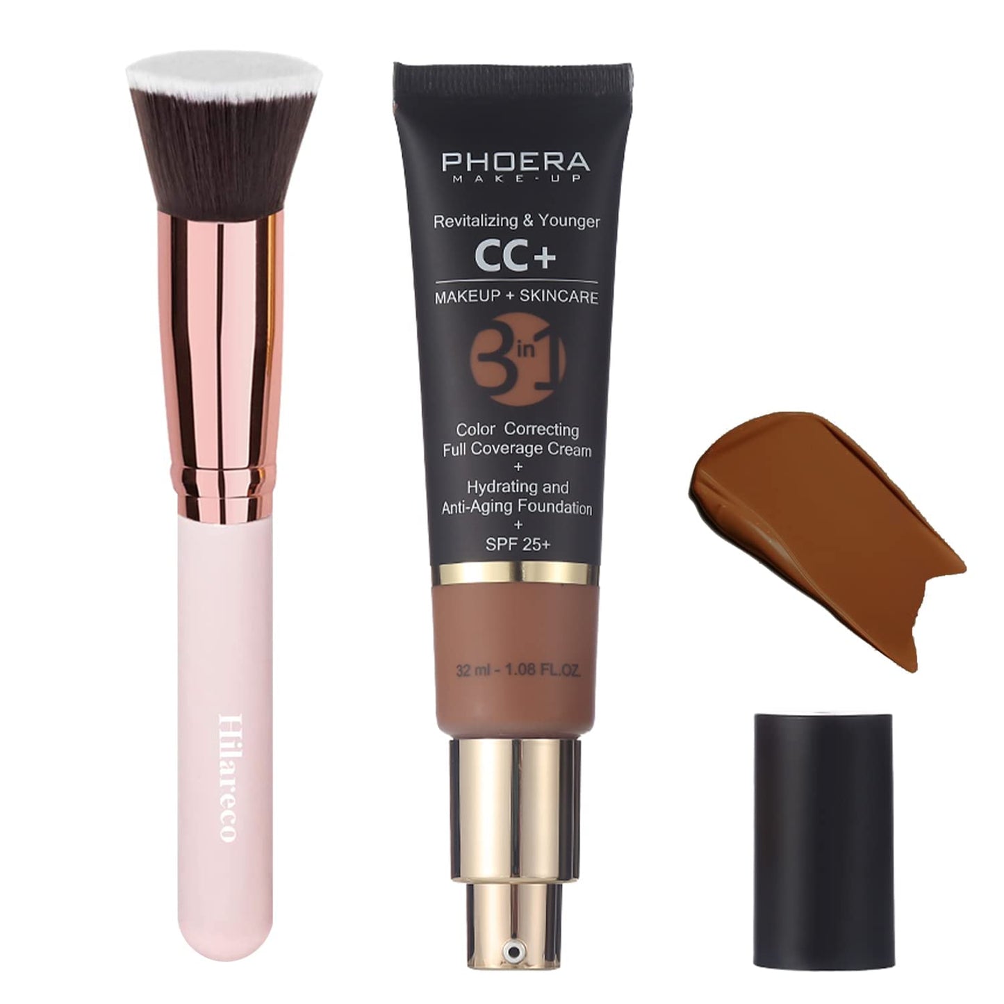 PHOERA CC+ Cream,Full Coverage Foundation,Color Correcting Cream,Anti Aging Hydrating Serum & SPF 25+ Sunscreen - Natural Finish - 1.08 fl oz (200 Mocha)