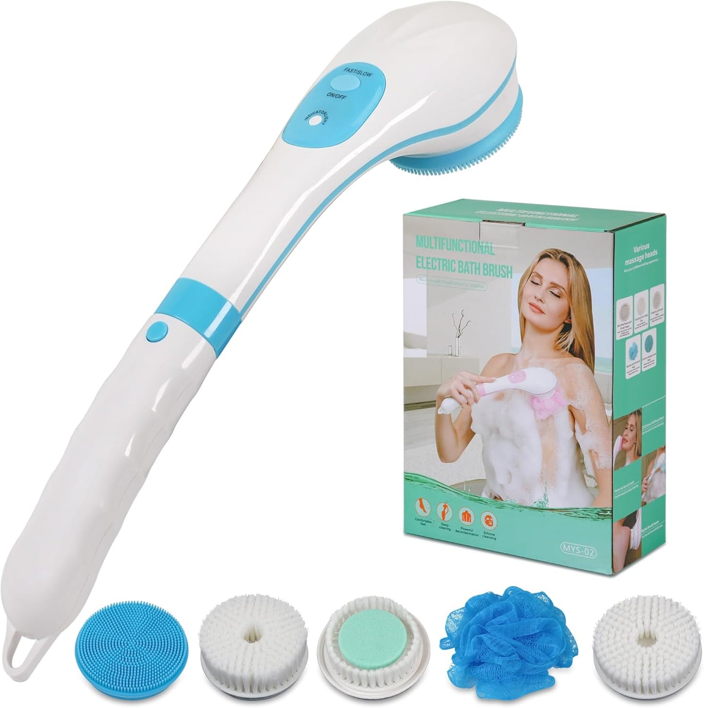 OWIIZI Electric Bath Brush Back Scrubber for Shower, Detachable Long Handle Exfoliating Face Cleansing Silicone Massager, 5 Brush Heads, 6 Speeds, Deep Clean Electronic Body Brushes for Men Women