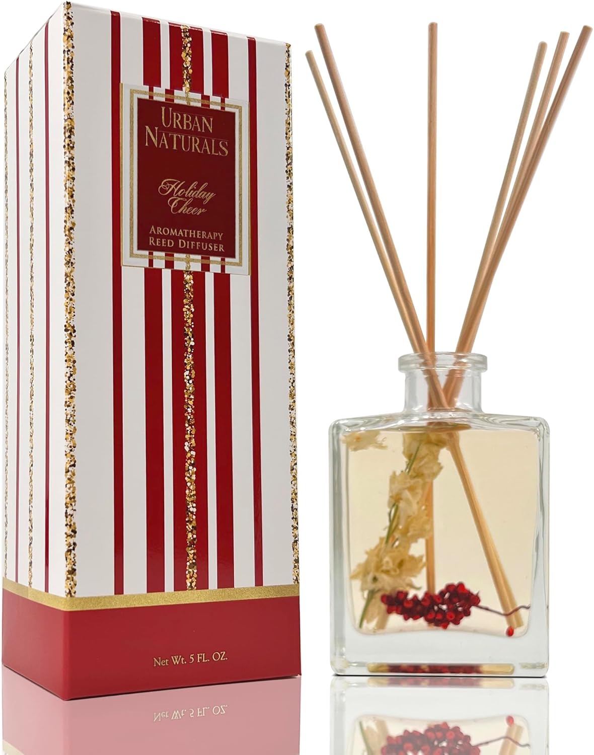 Urban Naturals Holiday Cheer Reed Diffuser Set – Cranberry, Cinnamon, Evergreen, Cedar & Smokey Wood – Made with Essential Oils – Sleek Rectangular Refillable Glass Bottle – Made in The USA