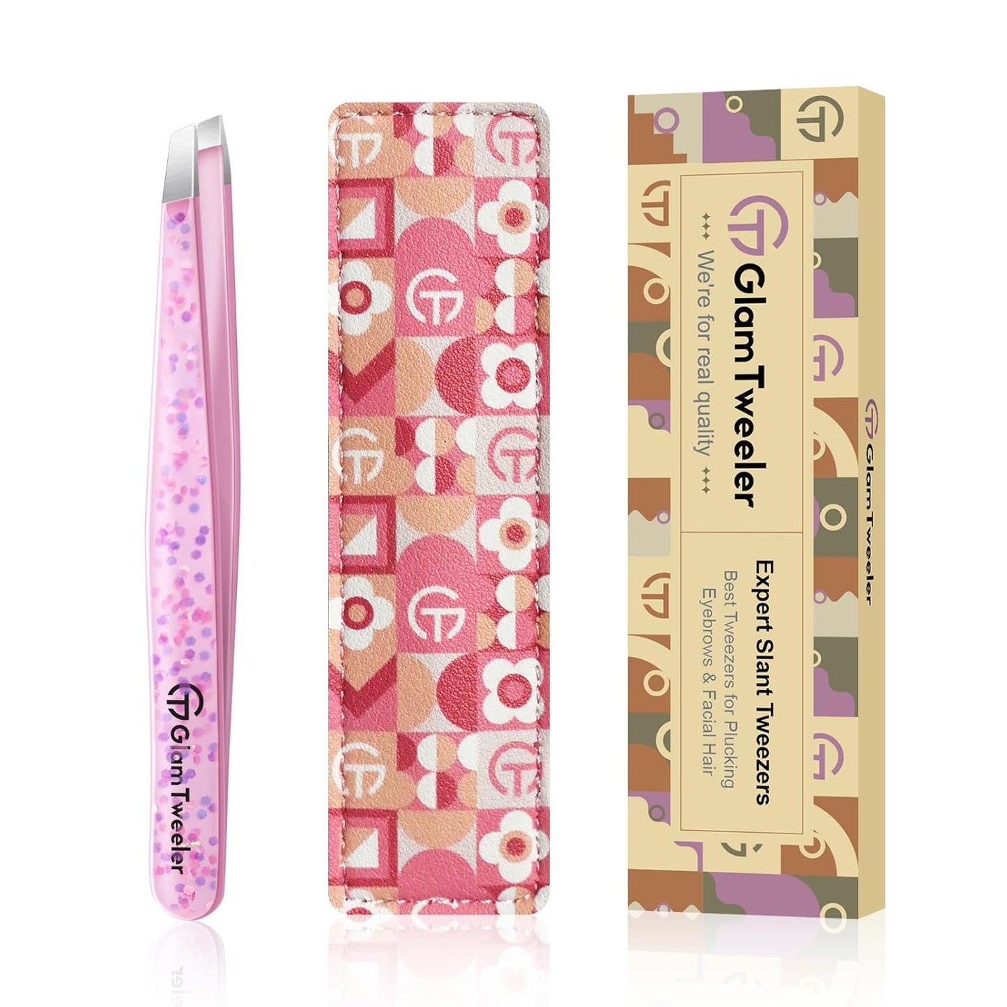 Expert Eyebrow Hair Removal Tweezer with Leather Case, GlamTweeler High Precision Slant Tip Stainless Steel Tweezers for Men and Women (Cherry Blossom Pink)