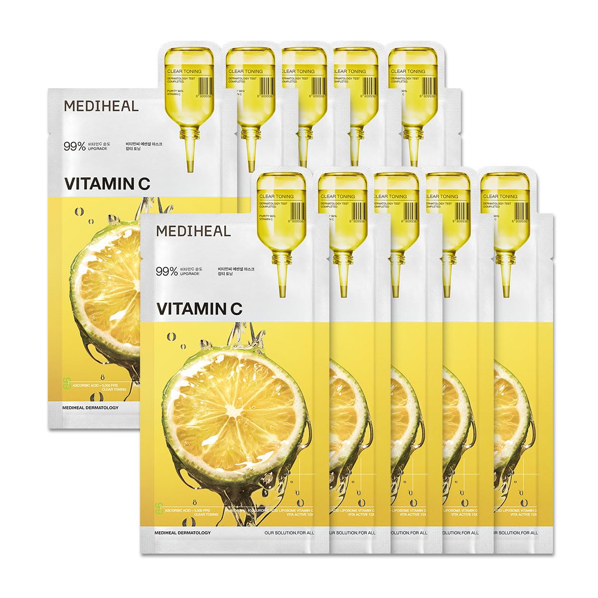 Mediheal Vitamin C Essential Sheet Mask Clear Toning 10 pcs. 99% Pure Vitamin C & 10 Vita Actives for hydration, blemish. Vegan formula.