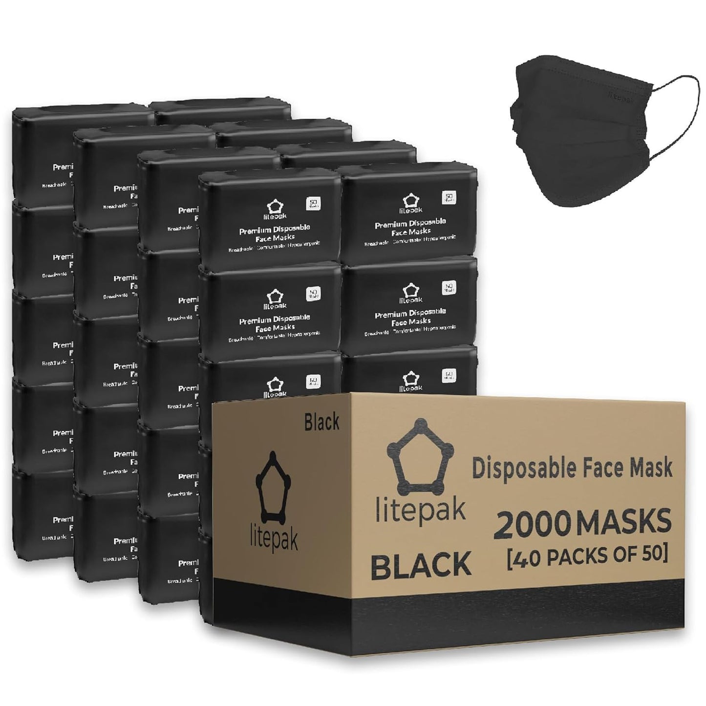 2,000pcs Disposable Face Masks- 3 Ply Breathable Mask For Adults - Black (40 Packs of 50)